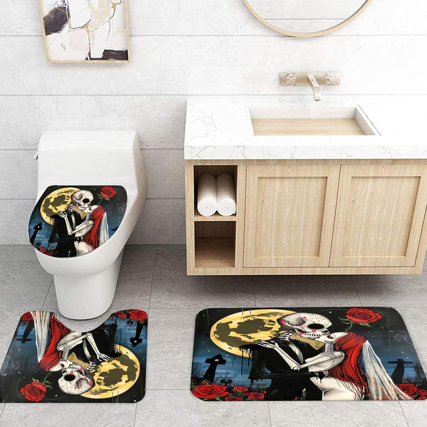 NEWSUYAA Halloween Decorations Shower Curtain Set with Non-Slip Rugs and Bath Mats,Black Skull Skeleton Bathtub Curtains with 12 Hooks,All Saints'Day (Nov 1st) Bathroom Decor