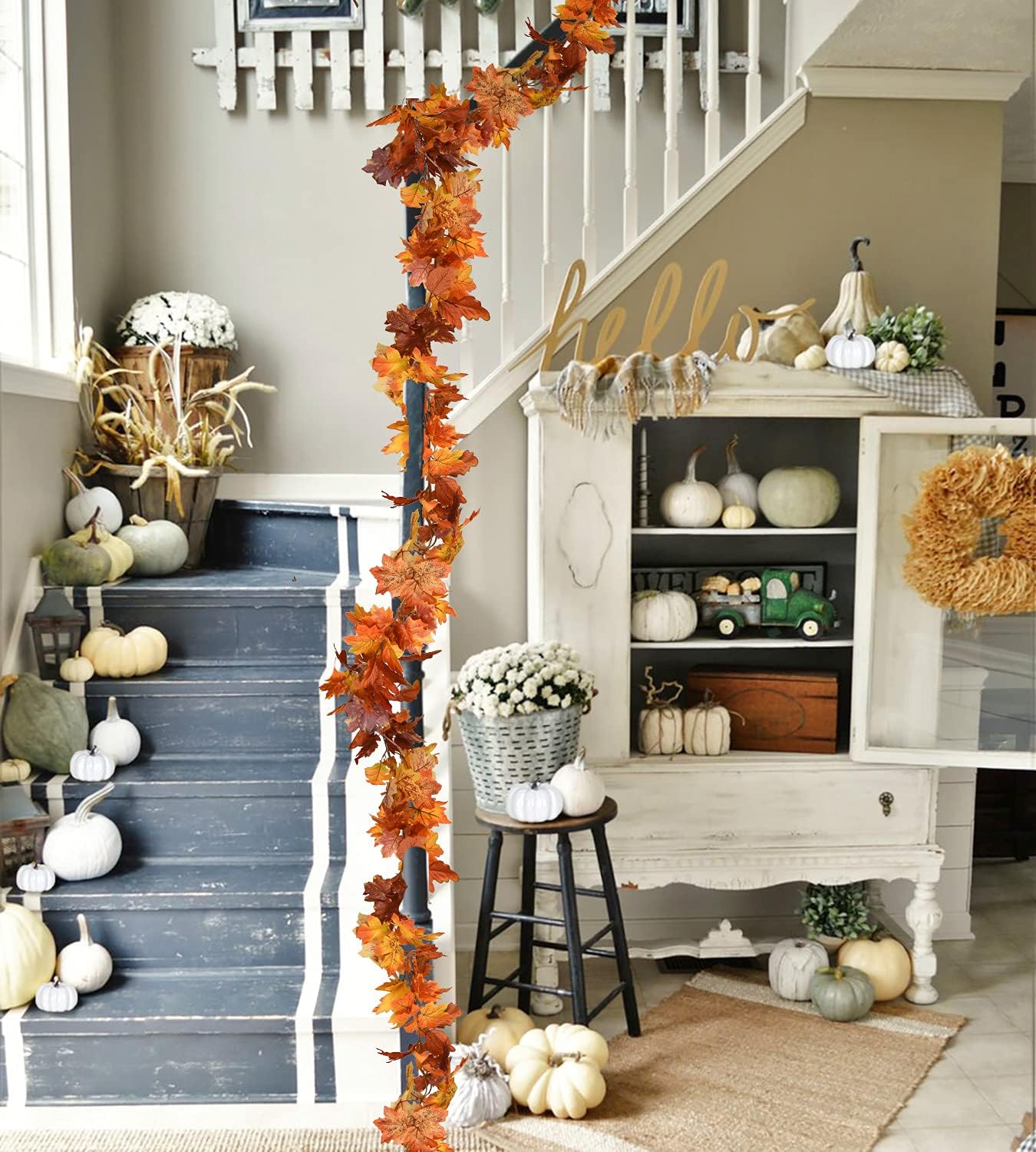 DearHouse 2 Pack Fall Maple Leaf Garland - 5.9Ft/Piece Hanging Vine Artificial Autumn Foliage for Thanksgiving, Home, Wedding, Fireplace, Party, Christmas Decor (Light Orange)