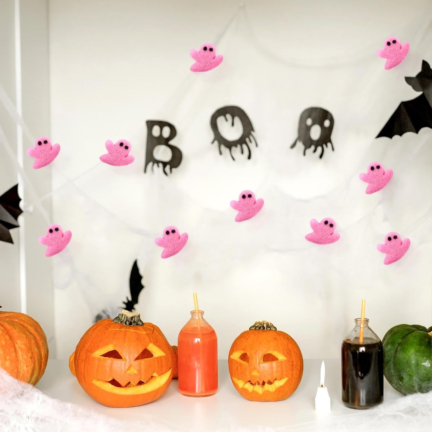 24 Pcs Halloween Felt Ghosts Wool Felted DIY Ornament Ghost for Halloween Party Decoration Home Indoor Outdoor Supplies(Pink)
