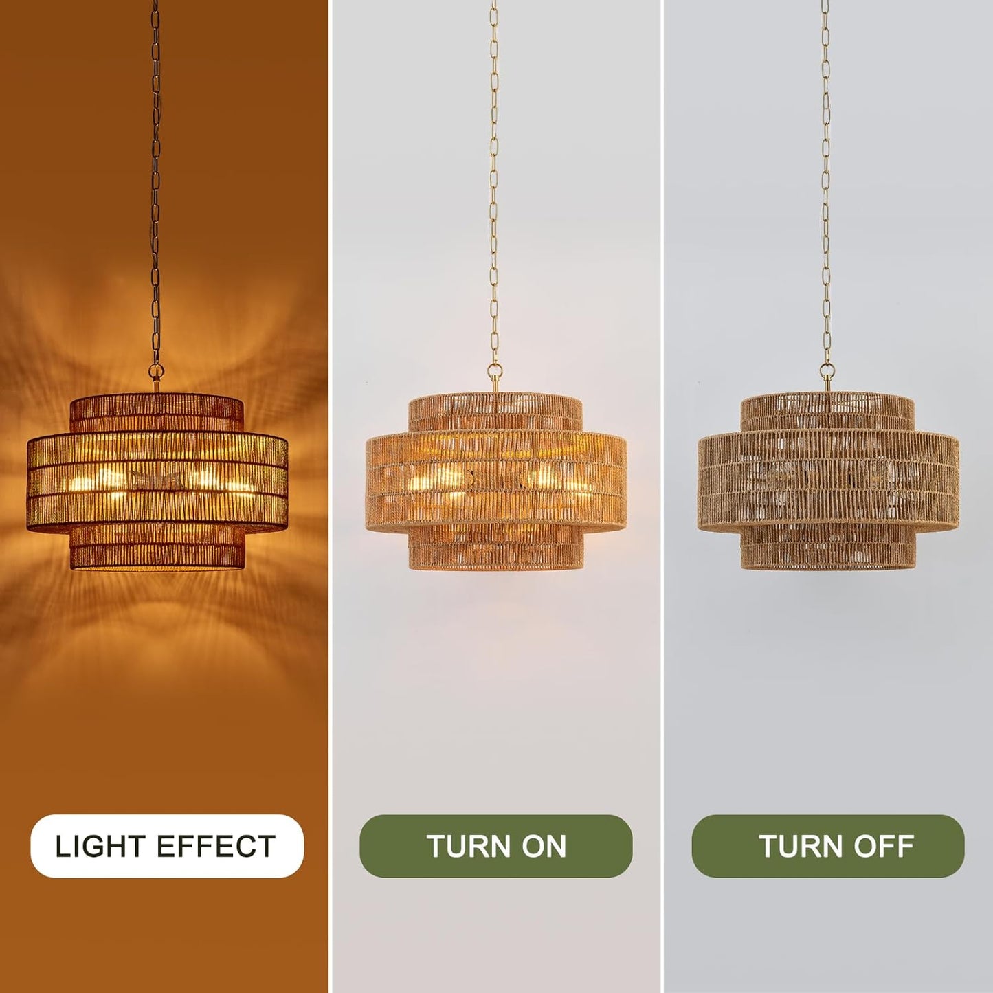 23.6" Rattan Chandelier Light Fixture 6-Light Vintage Farmhouse Hand-Woven Boho Bamboo Rattan Chandelier 3-Tier Drum Wicker Gold Chandeliers for Dining Room, Kitchen, Living Room