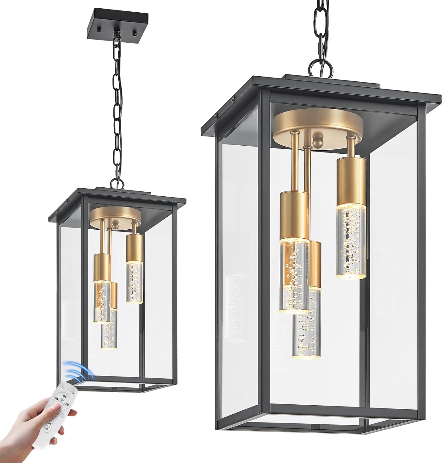 3-Color LED Outdoor Pendant Light with Remote, 3-Light 19" Large Outdoor Chandelier for Porch, Black Gold Exterior Pendant Lighting Fixtures Ceiling Mount Pendant Lantern for Patio Front Door