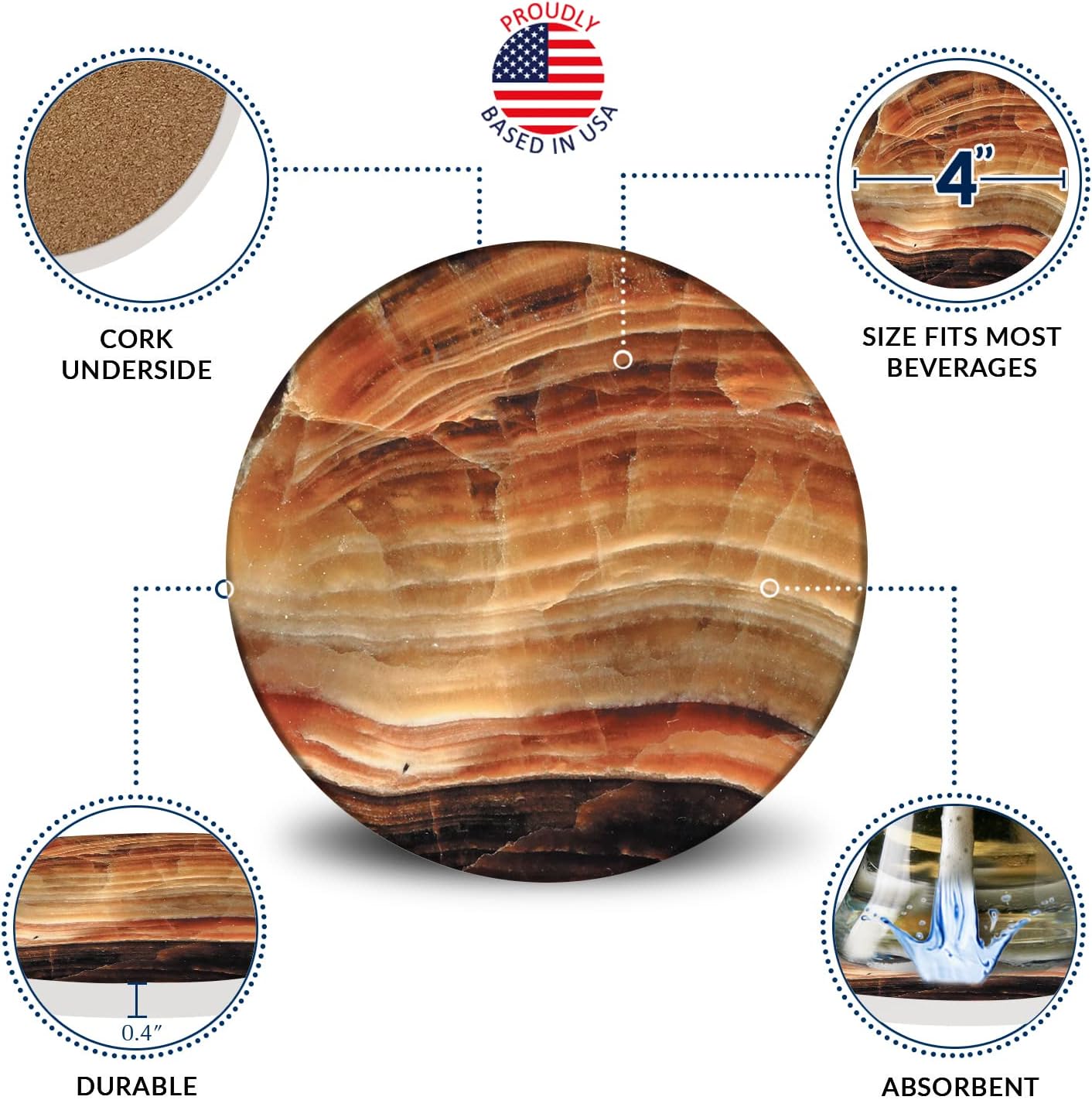 Emerson Essentials Coasters for Drinks Absorbent with Holder, Set of 6, Cork Bottom Ceramic Stone Modern Marble Style for Wooden Coffee Bar Tables, Glass Tabletop Non Slip, Housewarming