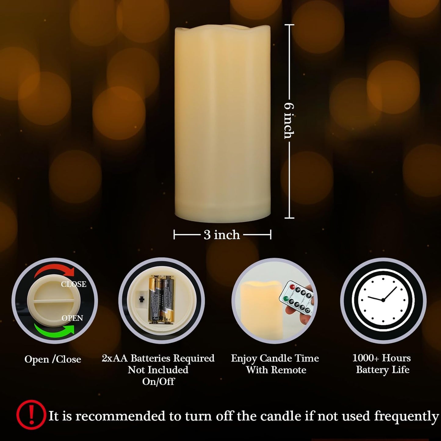 3" x 6" LED Flameless Pillar Candles with Remote and Timer, Outdoor Waterproof Battery Operated Flickering Flameless Candles for Home Holiday Decor, Ivory White, Plastic, 1 Pack