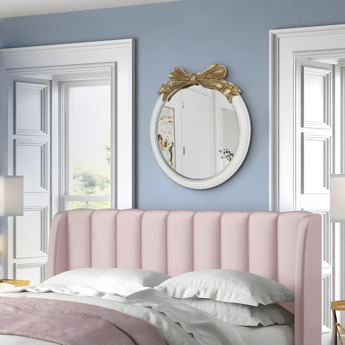 26x26 inch Bow Antique Mirrors for Wall, Round White and Gold Decorative Wall Mounted Mirror, Circle Antique Mirrors Suitable for Bedroom, Hallway, Living Room Decoration, Bathroom Sink