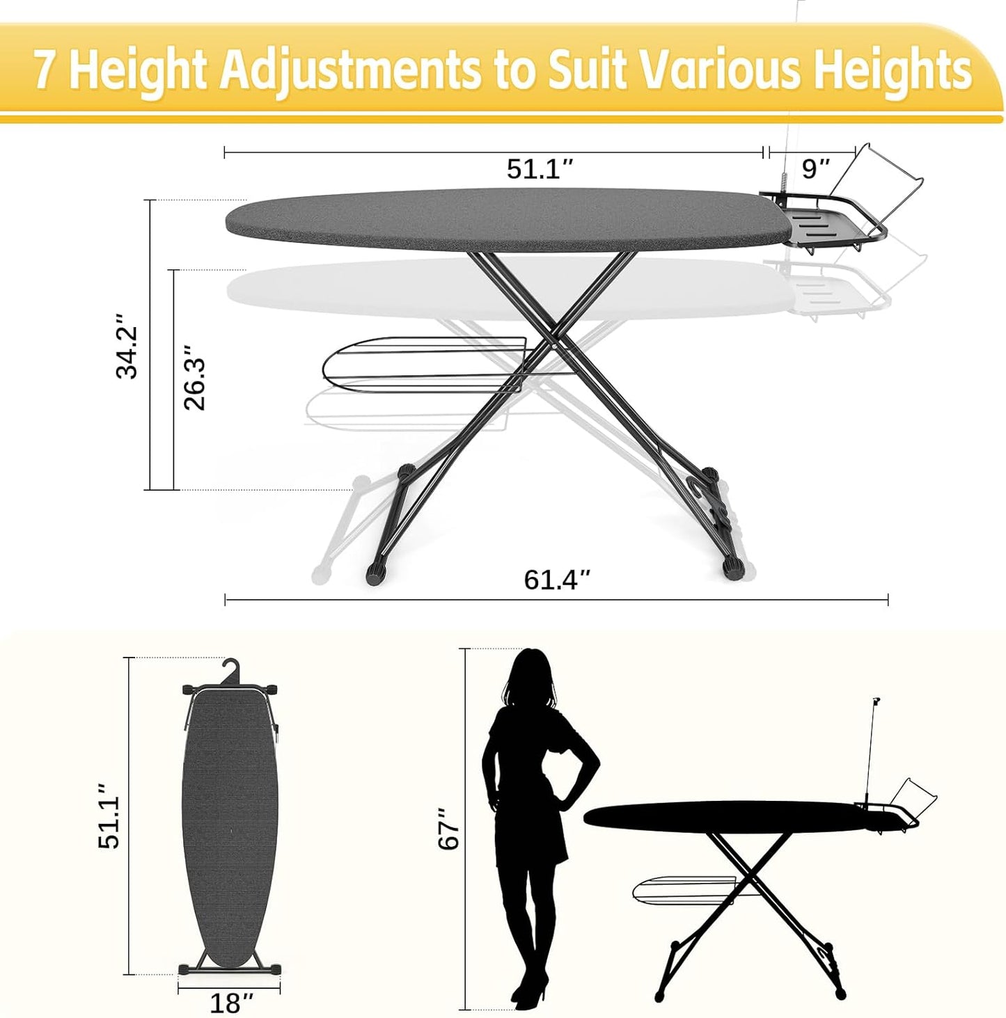 Full Size Ironing Board, 18x51 Iron Board with Metal Panel Stretchable Iron Rest, Adjustable Height Heavy Duty Heat & Scorch Resistant Cover Ironing Board, for Home, Laundry, Black