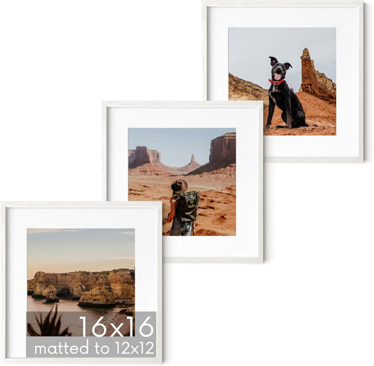 HAUS AND HUES Solid Oak Wood 16â€x16â€ Picture Frames Matted to 12â€x12â€ Set of 3-16x16 Square White-Poster Frames, Square Frames 16x16 for-Wall, White Wood Picture Frames, 16 x 16 Matted White Frames