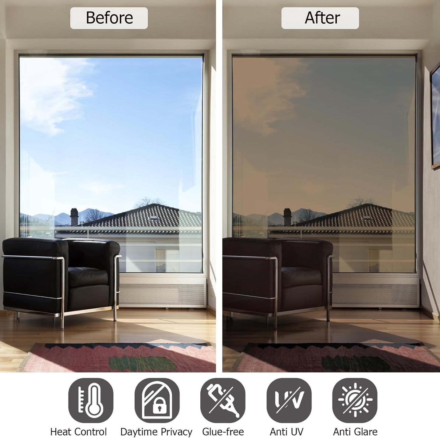 HIDBEA One Way Mirror Window Film, Daytime Privacy Sun Blocking Reflective Window Film Static Cling Heat Control Window Tinting Film for Home and Office, Brown Silver, 35.4 x 78.7 Inch