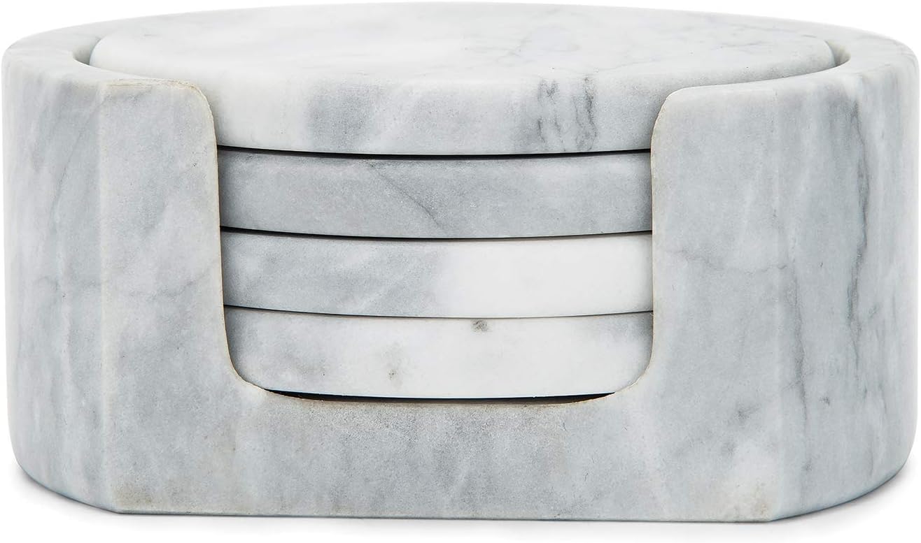 Fox Run Natural Polished Marble Coasters, Set of 4 White Coasters With Holder