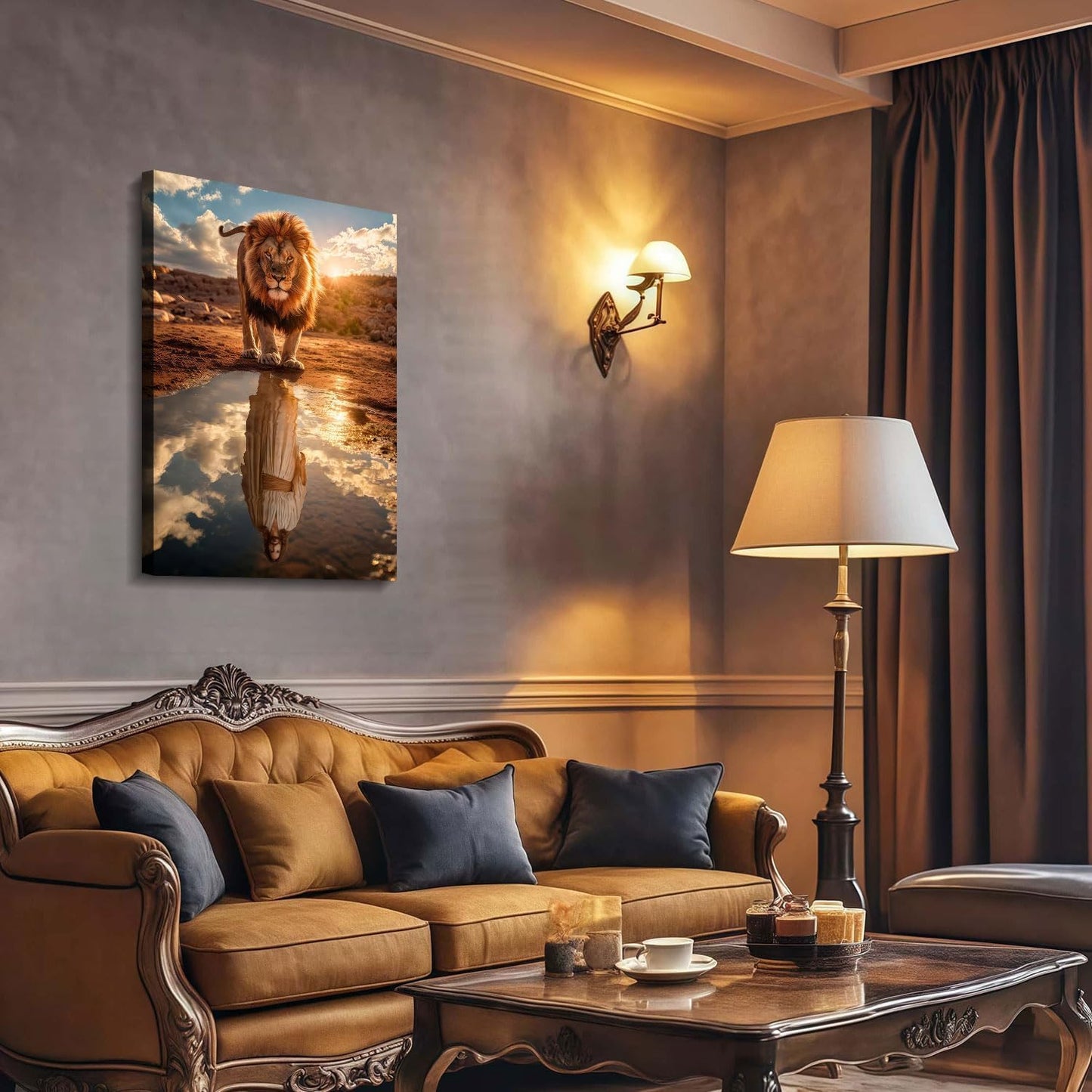 Framed Canvas Wall Painting Lion and Jesus Reflection Religious Poster Inspirational Faith Gallery Picture Print for Living Room and Bedroom Decor 16x24 Inch Ready to Hang