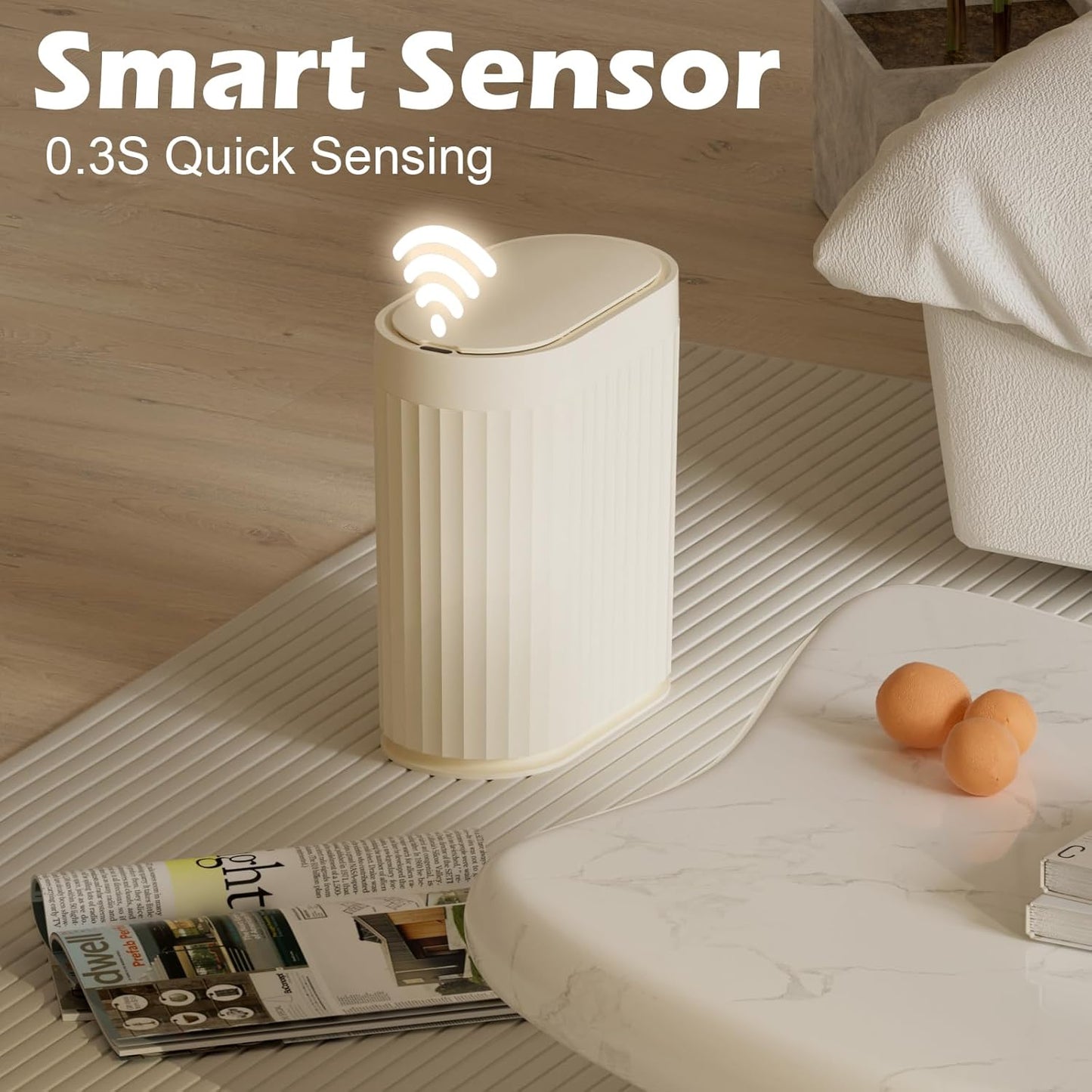 ELPHECO 2 Gallon Sensor Trash Can - 7.5L Waterproof Motion Sensor Trash Can, Automatic Bathroom Trash Bin, Slim Garbage Can, Bathroom, Office, Bedroom, Beige