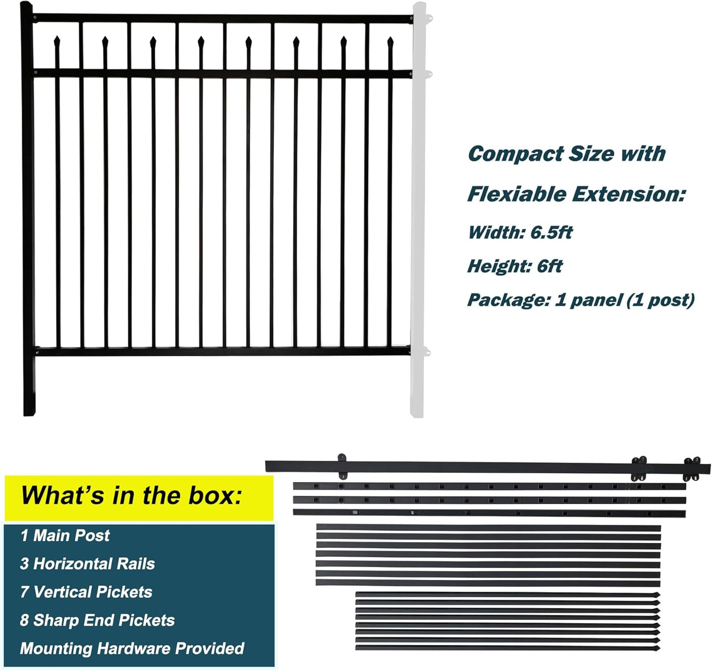 Galvanized Steel Fence Panel, 6ft H x 6.5ft W, Decorative DIY Installation for Outdoor Garden, Wrought Iron Style, Black