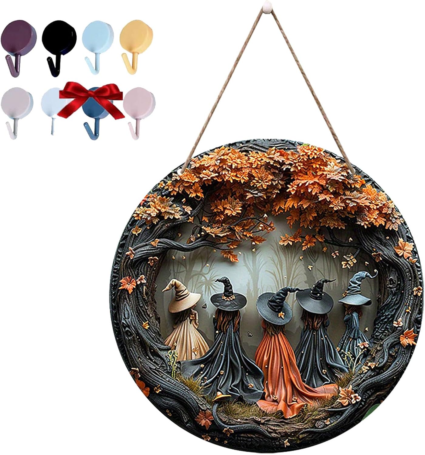 Fanyil/Olygee/Sherum/Shirem/Pubyfun/Glosrity/Libilin/Graddi/Solymody/Gowebs/Goredny/Vianys Witching Hour, Door Way Hanging Decor Halloween, 2D Wooden Round Witches Sign (A, ‎7.87")