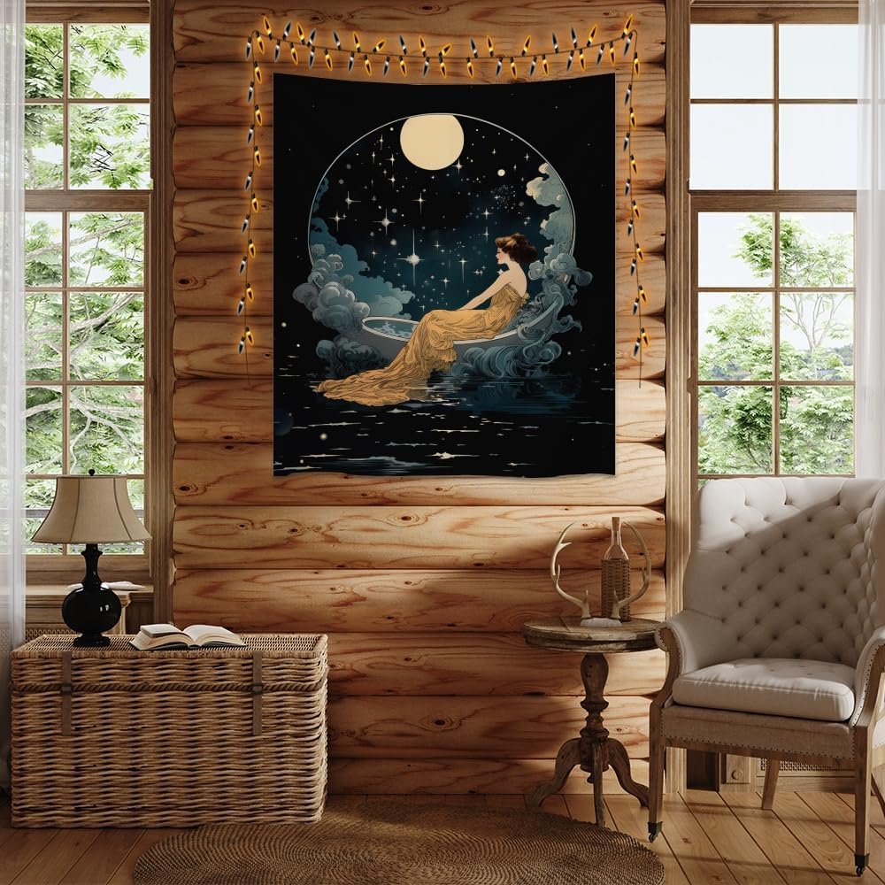 Dark Academia Tapestry Celestial Moonlit Bathing Lady Print Trendy Aesthetic Gothic Wall Hanging Vintage Art Nouveau Tapestries Wall Decor for Bedroom Living Room Dorm 50x60inch