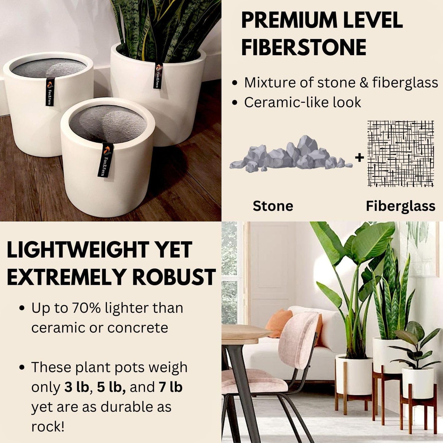 Fox & Fern Matte White Plant Pots with Drainage Plug (Set of 3) — Premium Lightweight Fiberstone 8, 10, and 12 Inch Planters for Indoor and Outdoor Use; Weather Resistant & UV Resistant