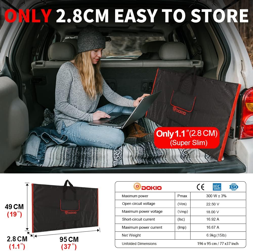 DOKIO 300W Portable Foldable Solar Panel Kit (21x40in, 17lb), with Separate Controller and Dual USB, Monocrystalline Charger for 12V Batteries, Power Stations, RV Camping Emergency Use