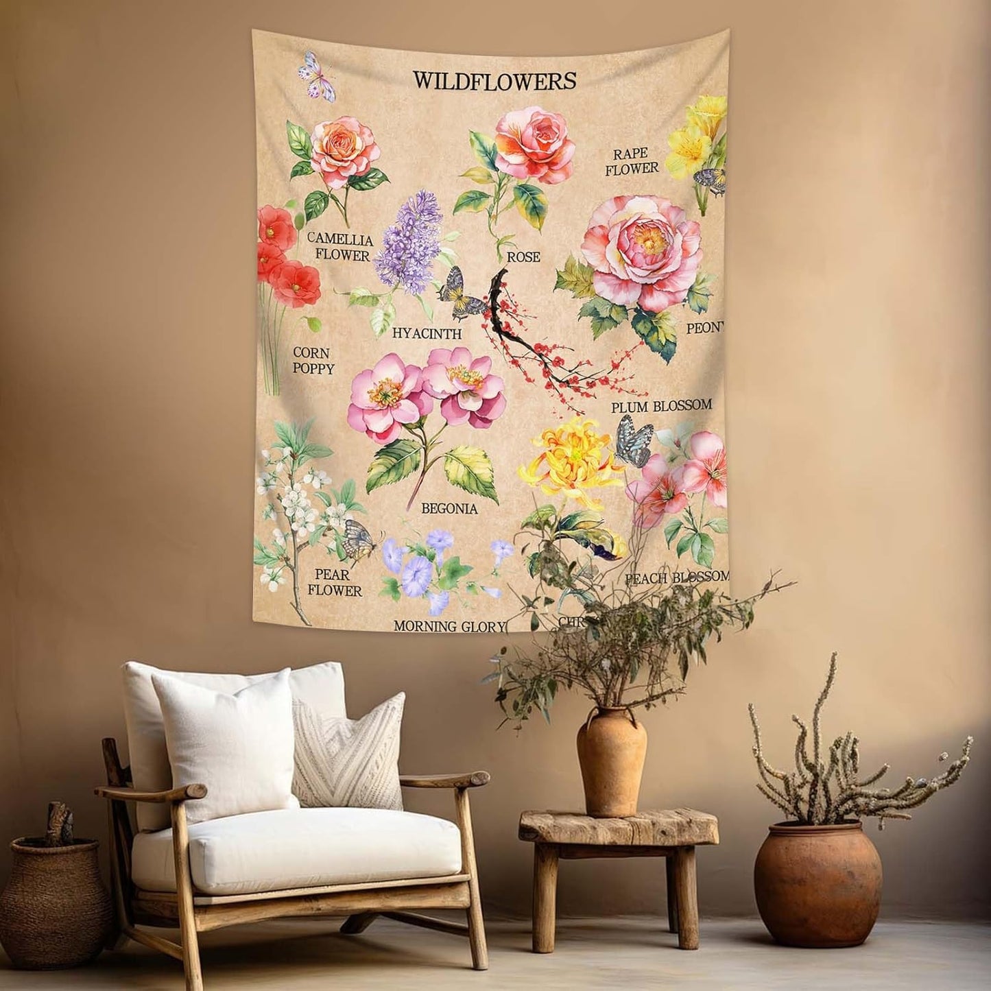 dueeia Vintage Floral Tapestry Wall Hanging Wildflowers Colourful Flower Boho Butterfly Tapestries for Bedroom Aesthetic Living Room Wall Decor (59.1"x51.2")