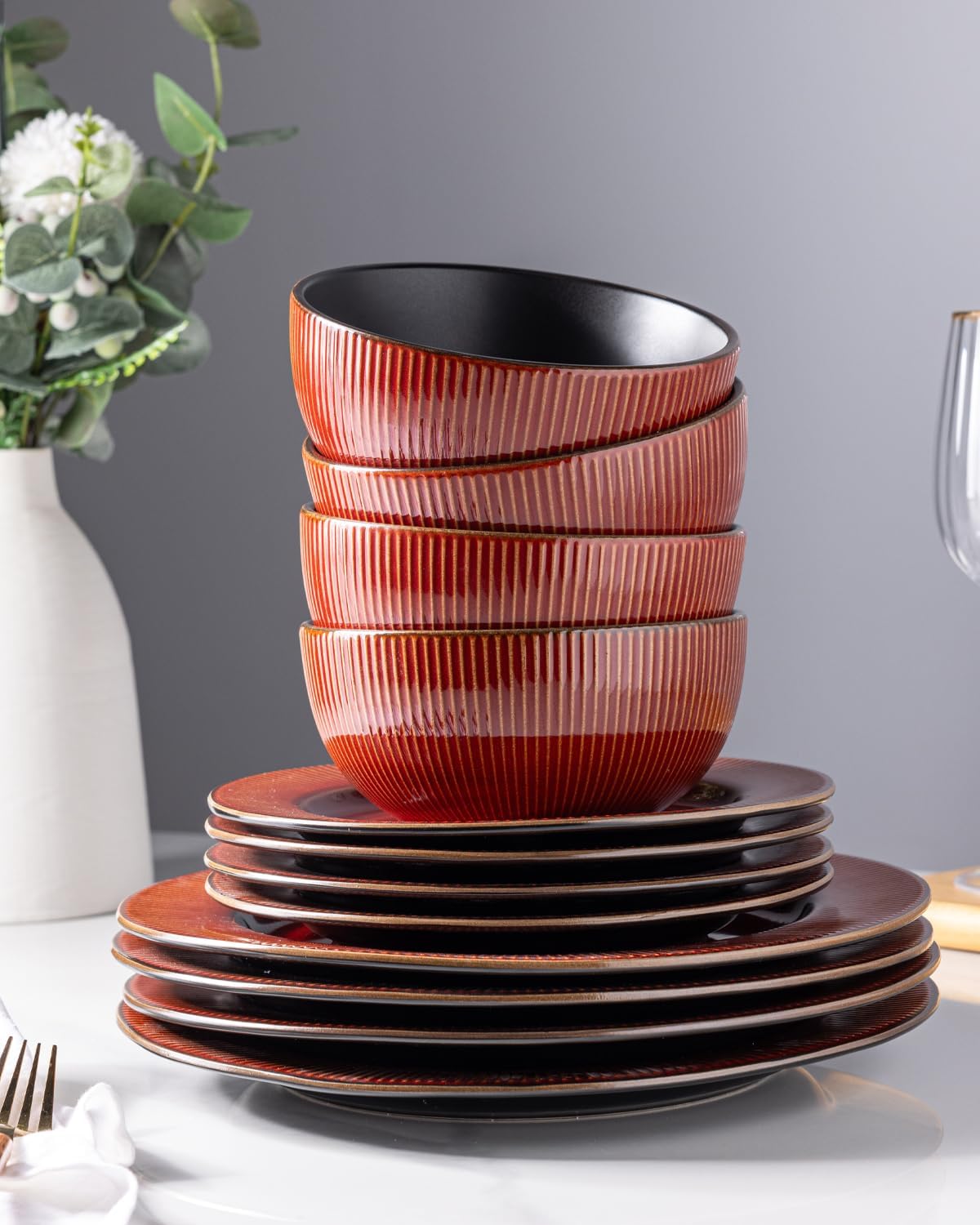 GBHOME Ceramic Dinnerware Sets,12 pcs Embossed Elegant Stoneware Plates and Bowls Sets, Housewarming Wedding Gift | Dishwasher & Microwave Safe | Dishes Set Service for 4