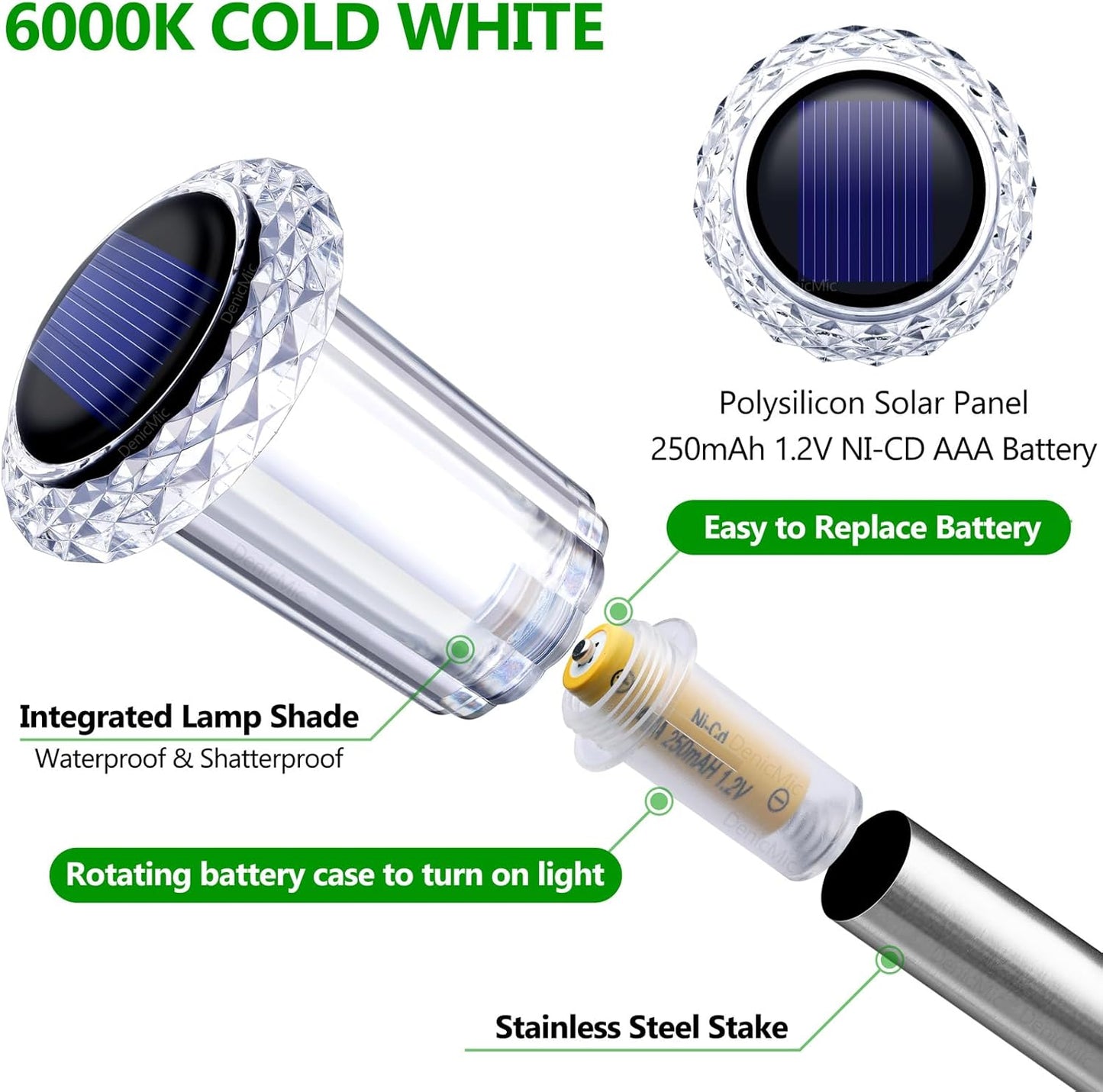 DenicMic Solar Lights Outdoor 10 Pack Waterproof 6000K Cold White LED Stainless Steel Stake for Pathway Yard Garden Driveway Solar Powered Outside Decor