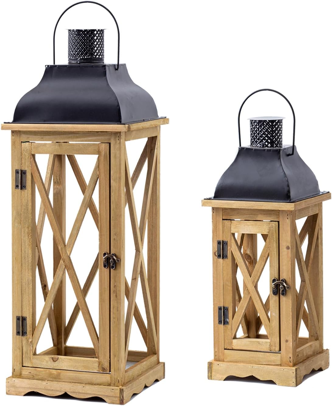Farmhouse Wooden Metal Candle Lantern Set of 2, Rustic Large Decorative Floor Lanterns, Indoor/Outdoor Hurricane Lantern for Home Decor (No Glass)