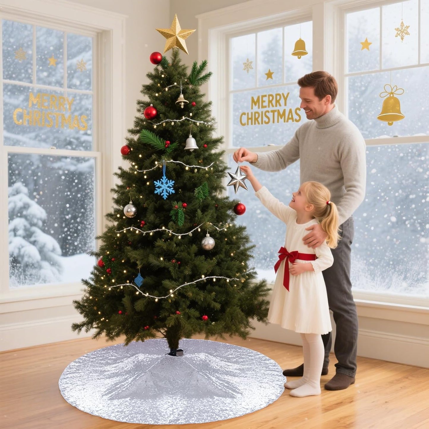 Eternal Beauty Christmas Tree Skirt, 36 Inch Silver Sequin Tree Skirt Small Xmas Tree Skirt for Christmas Tree Decorations