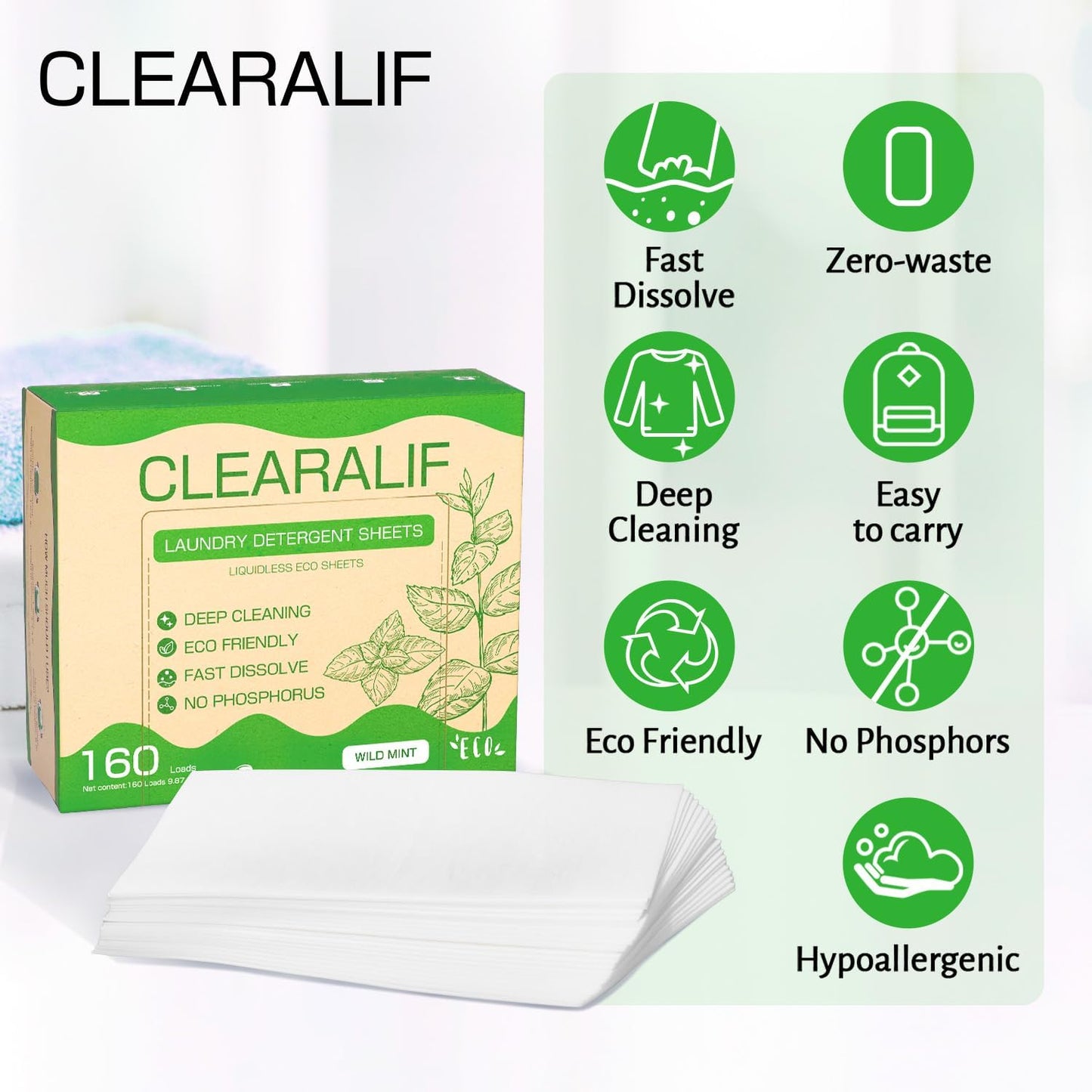 Laundry Detergent Sheets Up to 160 Loads, Wild Mint - Great For Travel,Apartments, Dorms,CLEARALIF Laundry Detergent Strips Eco Friendly & Hypoallergenic - 80 Sheets