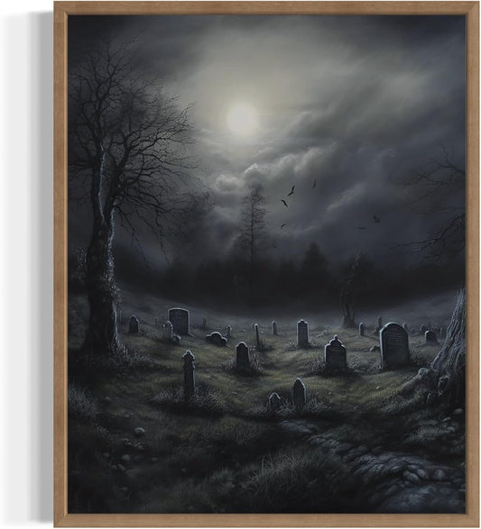 Gothic Graveyard Poster Art Print, Halloween Scary Vintage Wall Art Academia Spooky Painting Decoration for Horror Prints, Posters Bedroom Decor 89 (Gothic Graveyard, 11 x 14 inches, Wood Frame)