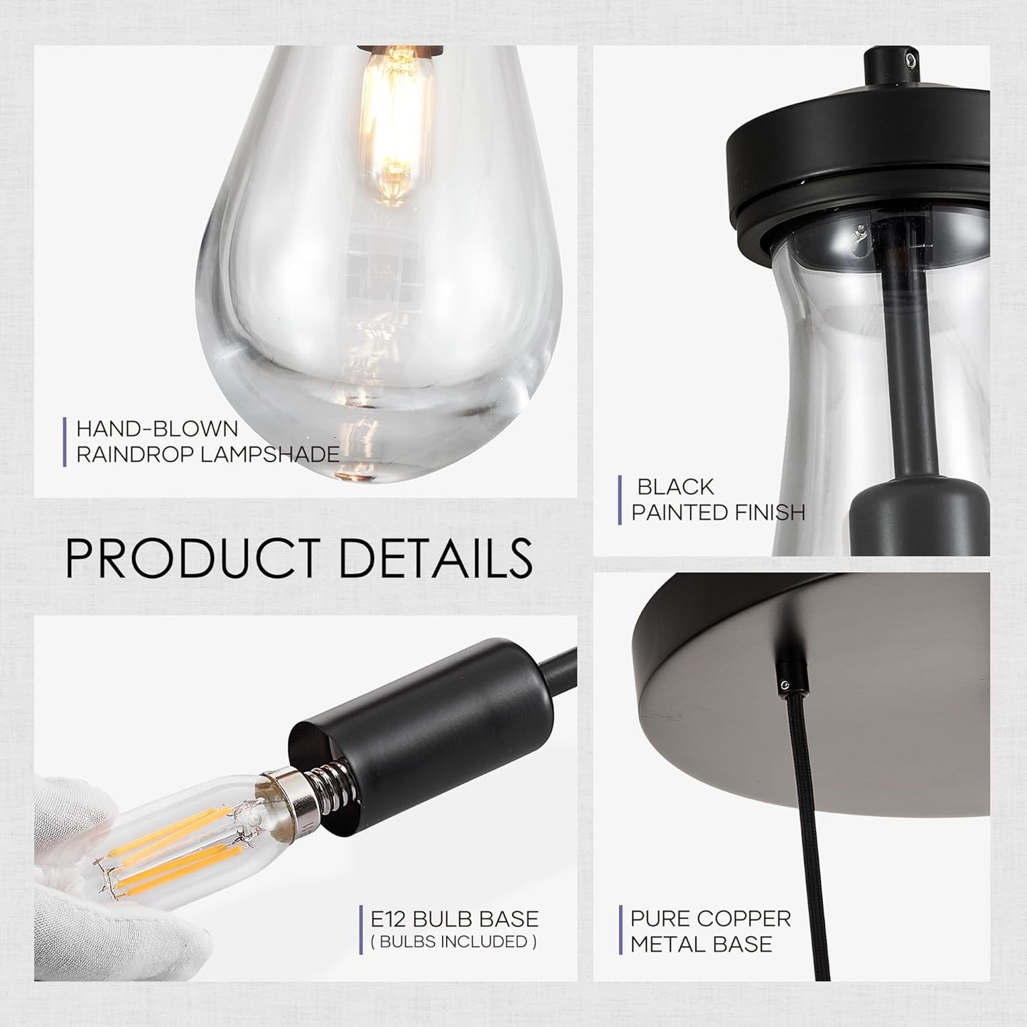 3-Light Raindrop Pendant Light Fixtures, Black Glass Pendant Lighting, Teardrops Modern Hanging Light for Entryway Foyer Kitchen Island Dining Living Room Hallway