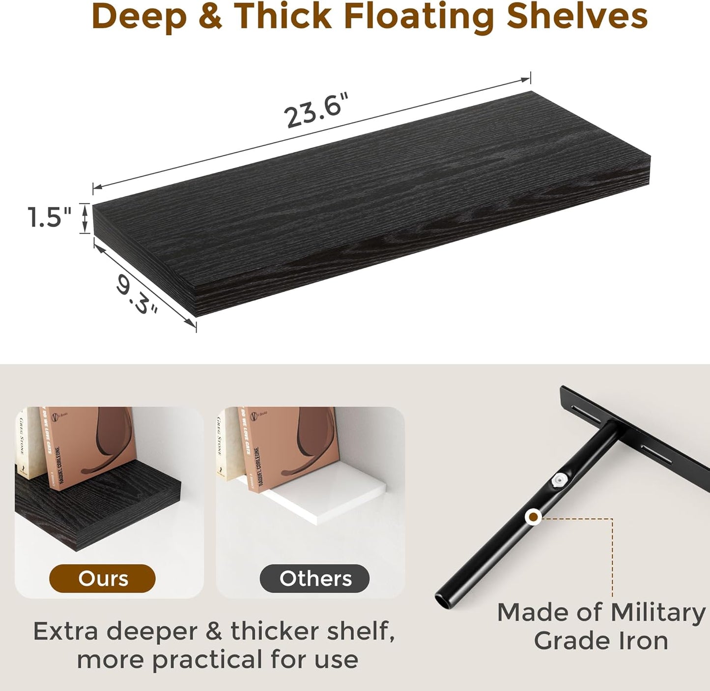 24 Inch Floating Shelves, Rustic 24 x 9 Black Floating Shelf for Wall, Black Bathroom Shelf Set of 2, Farmhouse Wood Wall Shelves for Bedroom, Kitchen, 9 Inch Deep Shelves for Home Storage