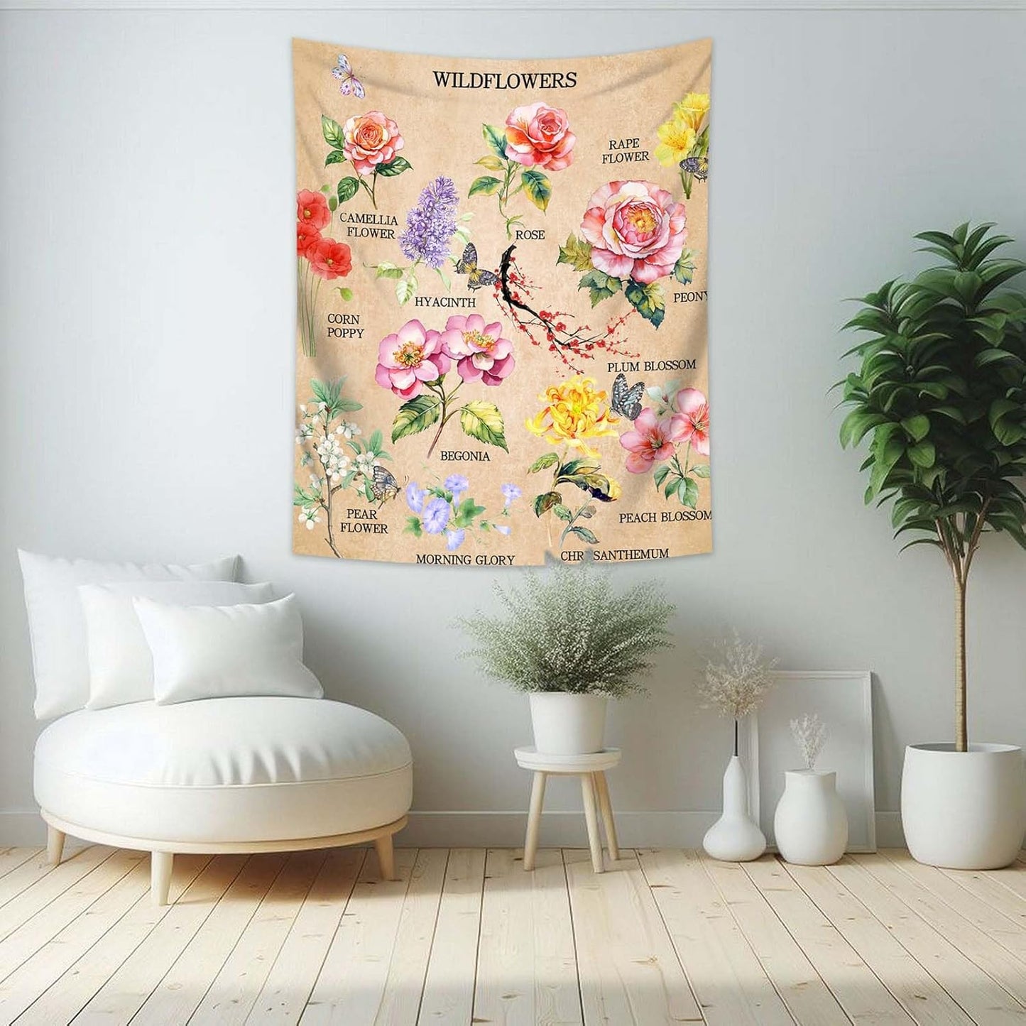 dueeia Vintage Floral Tapestry Wall Hanging Wildflowers Colourful Flower Boho Butterfly Tapestries for Bedroom Aesthetic Living Room Wall Decor (90.6"x70.9")