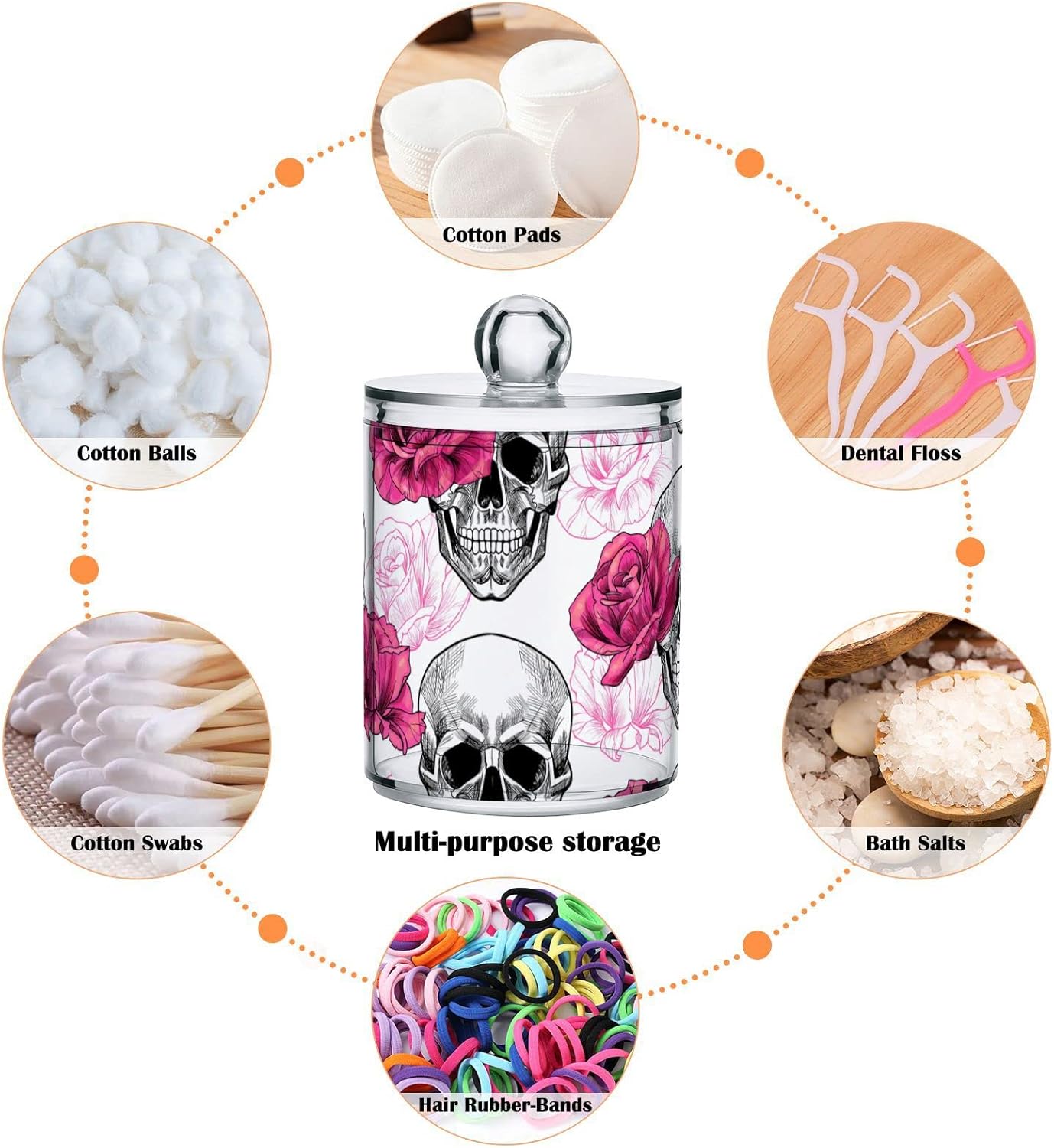 2 Pack Qtip Holder Dispenser Skull Rose Flower Bathroom Storage Canister Lid Acrylic Plastic Apothecary Jar Set Vanity Makeup Organizer for Cotton Swab/Ball/Round Pads, Floss