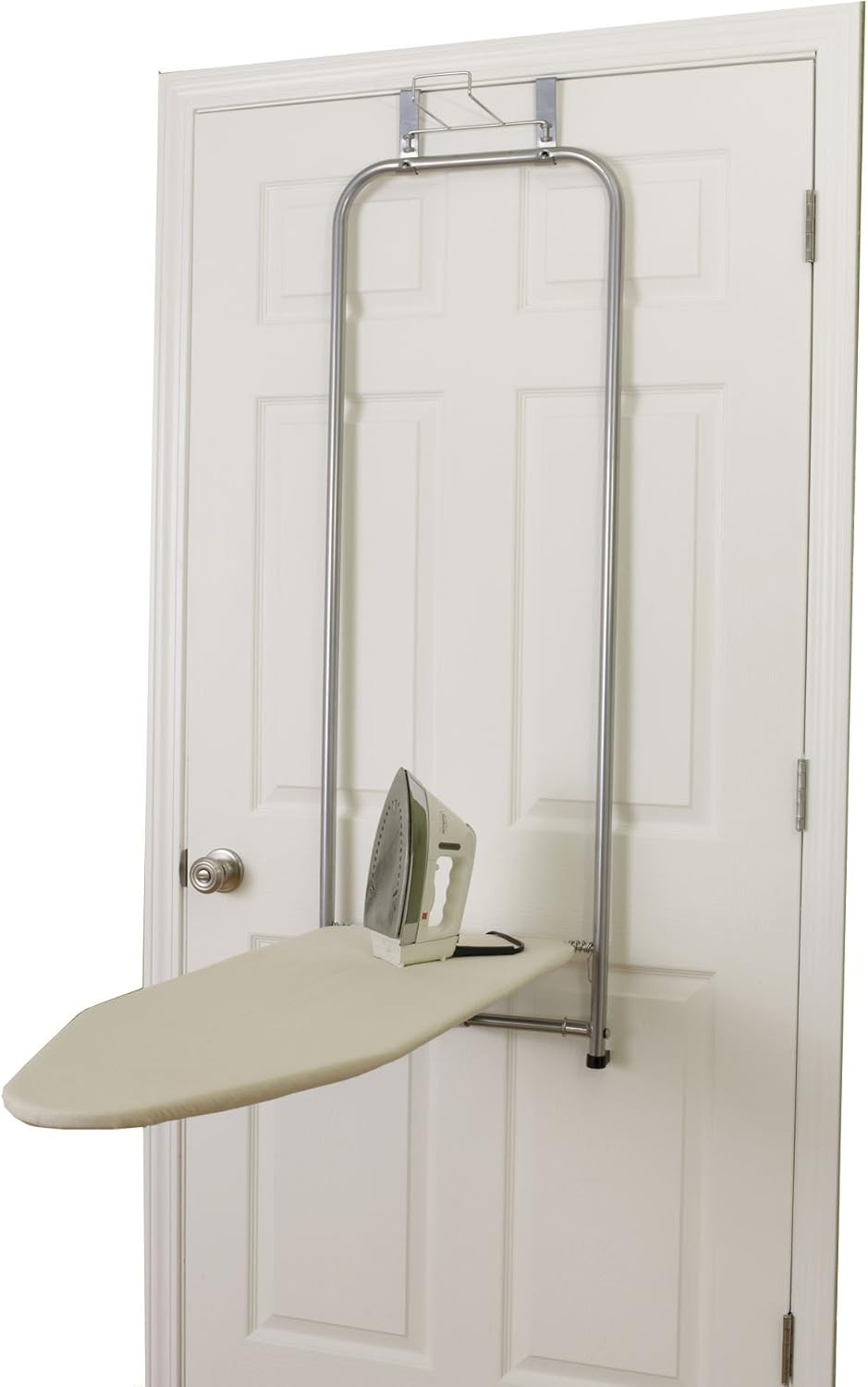 Household Essentials 144222 Over The Door Small Ironing Board with Iron Holder, Natural Cotton Cover Silver