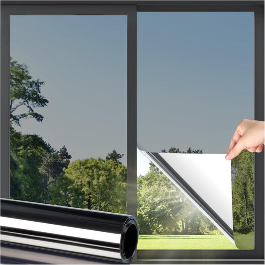 DOWELL Window Privacy Film, One Way Window Tint for Home, Static Cling Anti UV Sun Blocking Reflective Mirror Film, Heat Control See Out Not in Glass Tinting, Black Silver, 23.6" x 157.5"