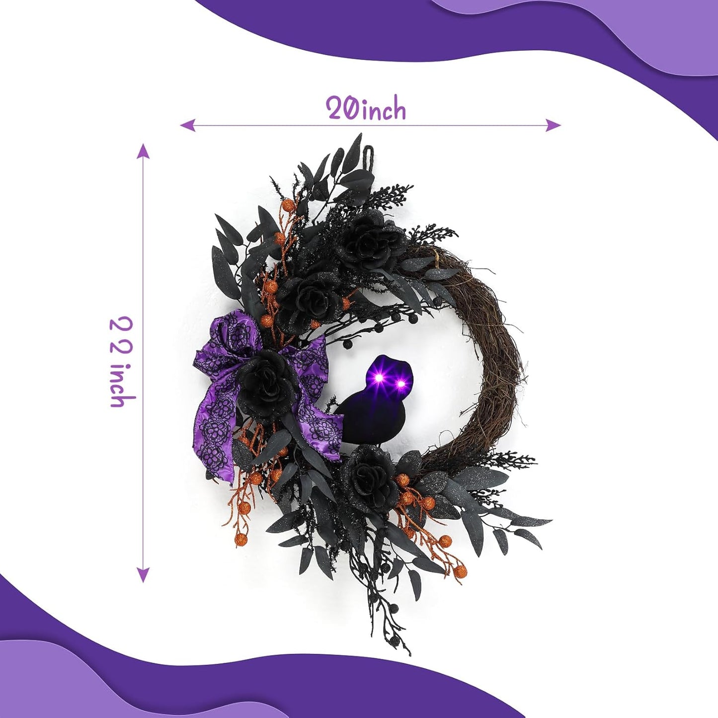 22 Inch Halloween Wreath with Lighted Eyes, Black Prelit Wreath with Artificial Roses, Willow Leaves, Ribbon for Indoor/Outdoor Home Decor