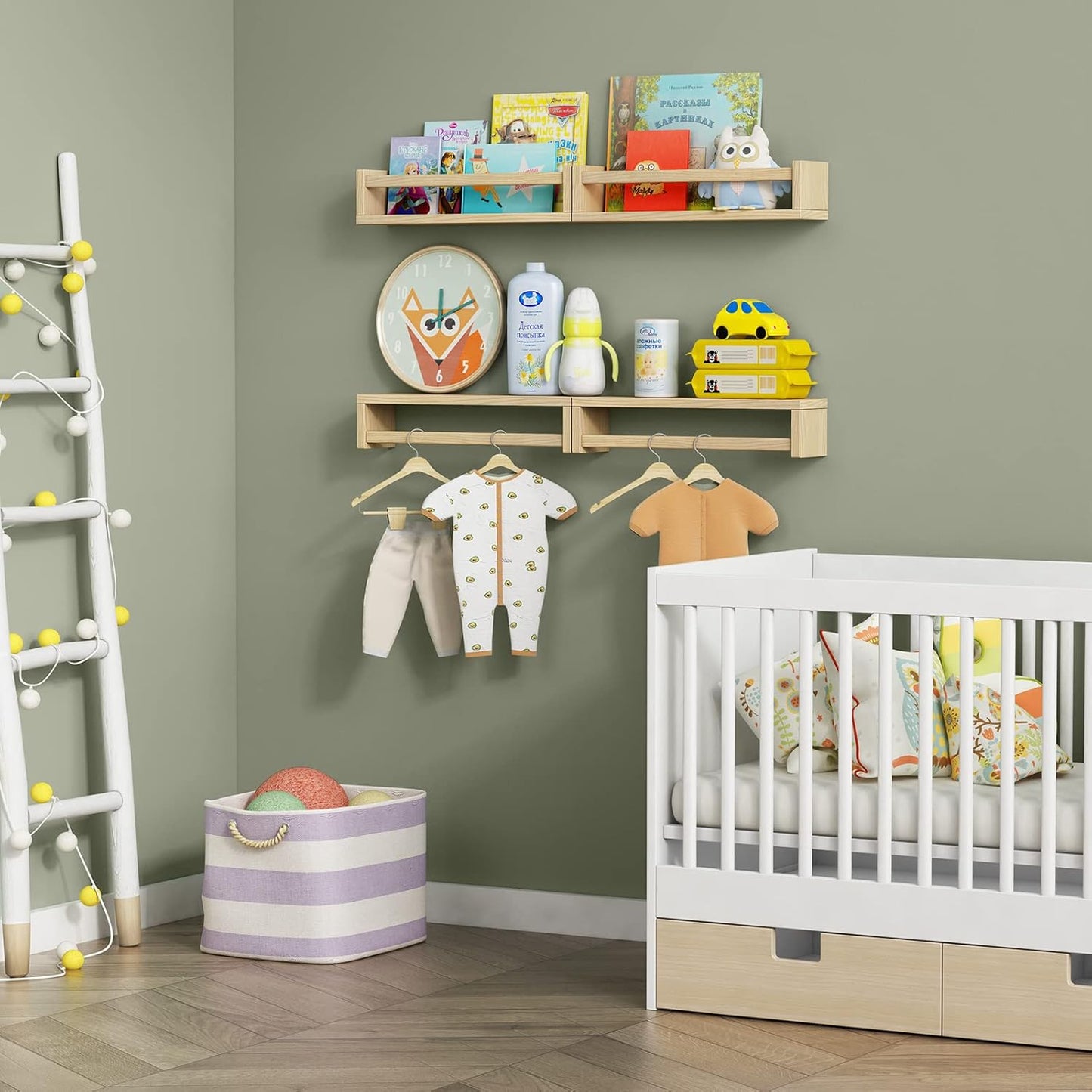 Forbena Natural Wood Nursery Book Shelves Wall Mounted, Floating Bookshelf for Kids Room, Toys and Books Storage Organizer Bookshelves for Toddler Child Bedroom Bathroom (4 Pack Natural Wood)