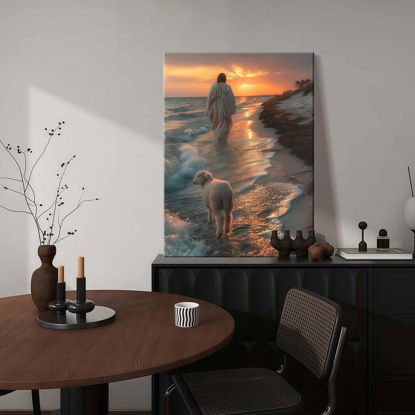 Framed Canvas Jesus and the Lamb Walking on the Beach Wall Decor Wall Art Gallery Decor Unique Print Wall Decor for Living Room Bedroom Church Home Decor 12x16 Inch Ready to Hang