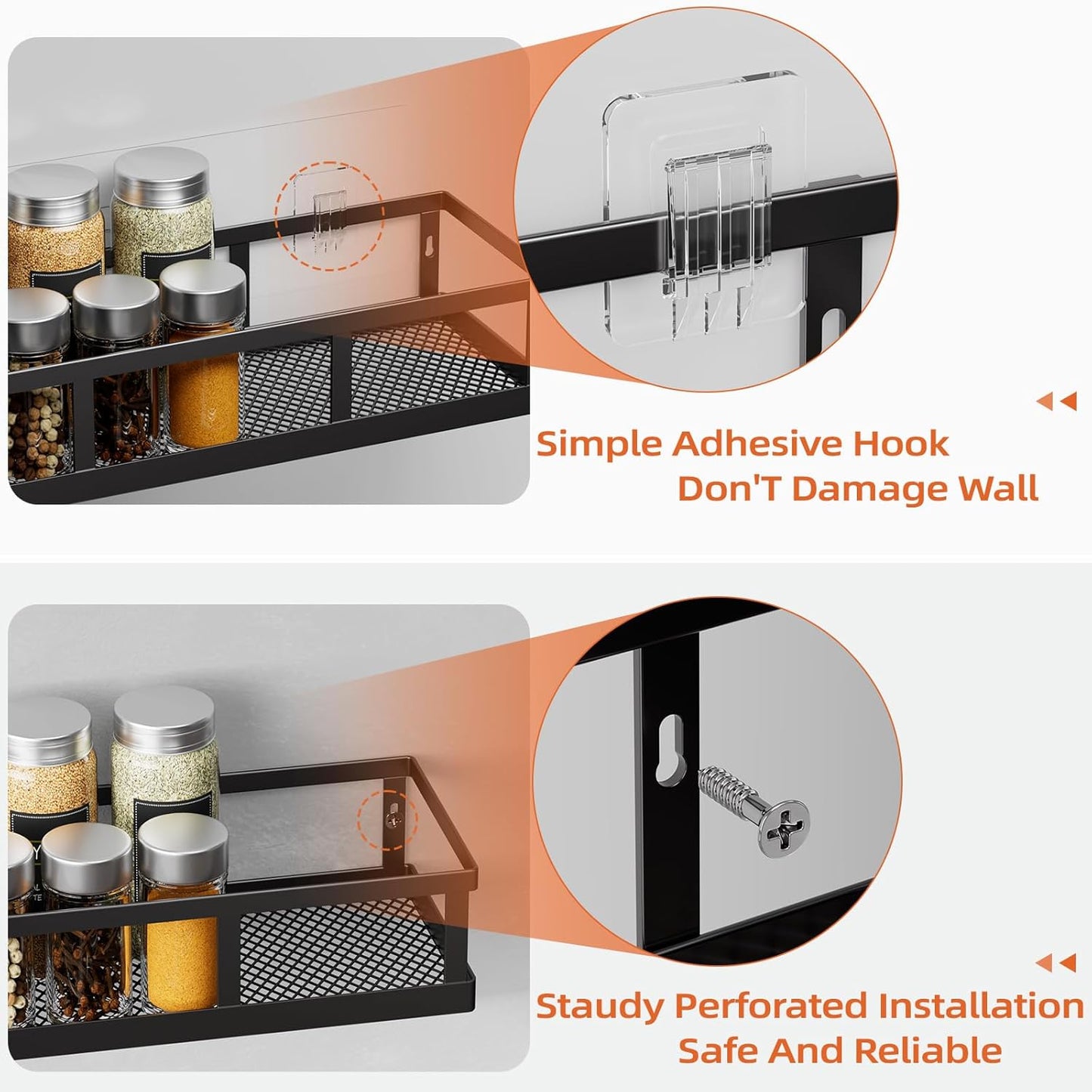 Over The Door Pantry Organizer, 8 Pack Spice Rack Wall Mounted & Hanging Storage Baskets Organizer Wall Mount, Large Capacity Metal Spice Shelf for Kitchen Cabinet, Bathroom, Shower, Home Decor