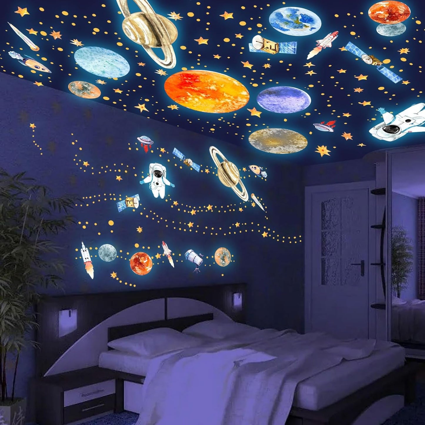 Glow in The Dark Planets and Stars Wall Decals, Luminous Astronaut Galaxy Space Rockets Wall Stickers Space Ceiling Decor for Boys Girls Bedroom Kids Baby Nursery Living Room Decoration