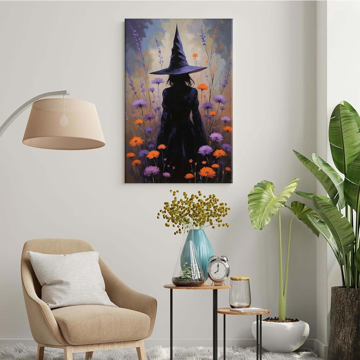 Country wildflower witch canvas print halloween mashup art witch purple decoration bohemian elegant art poster28x40in Wood Framed