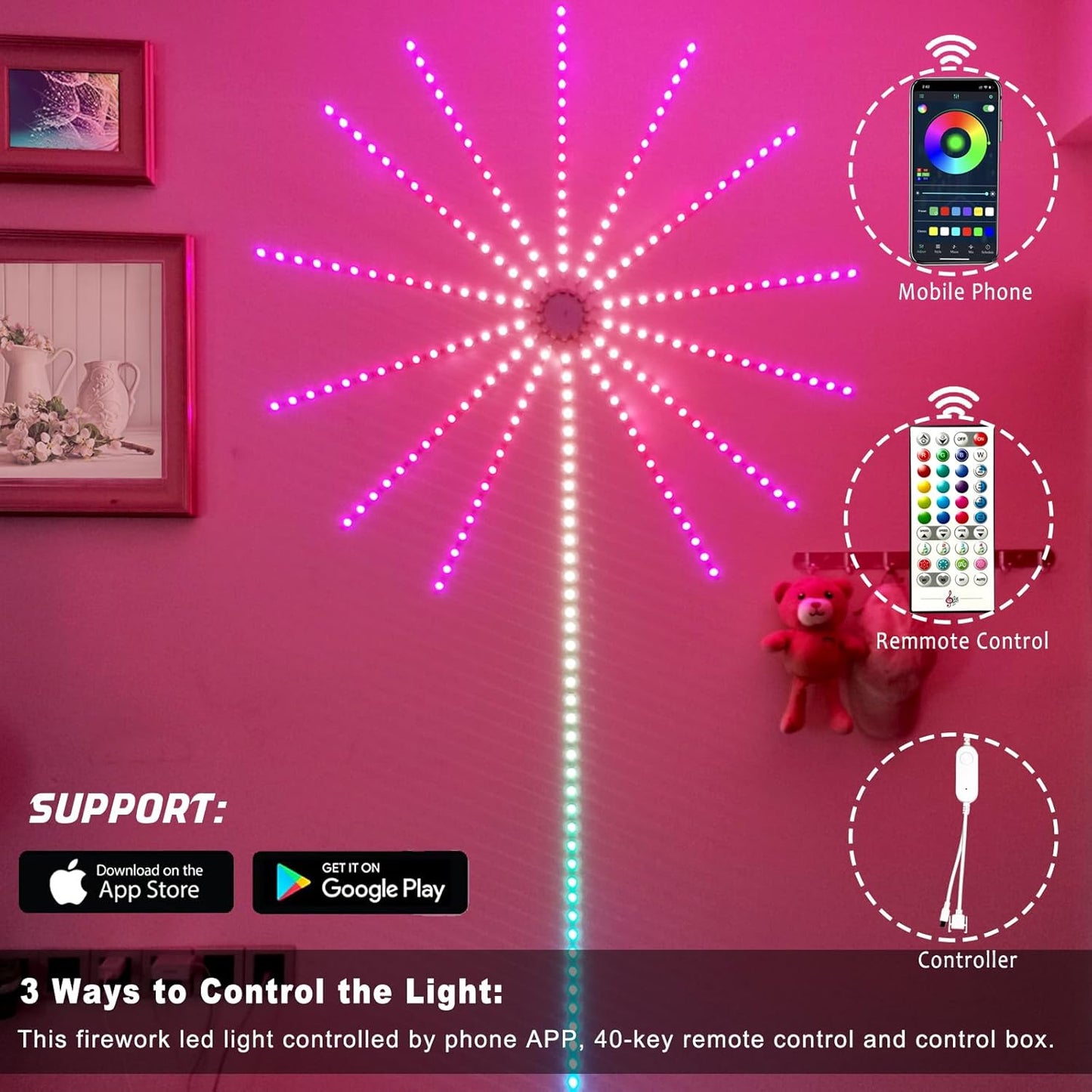 Firework LED Lights, 14pcs Firework LED Strip Lights, DC 5V Smart RGBIC Dream Color Changing Fireworks Lights, APP and Remote Control, Music Sound Sync Strip Light for Bedroom, Party, Festival