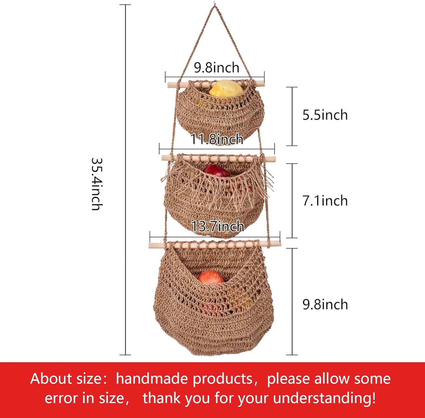 Hanging Fruit Baskets for Kitchen 3-Tier Handmade Bohemian Wall Baskets for Organizing & Decorating Living Room Bedroom Wall Hanging Basket for Onion Storage & Fruit Storage