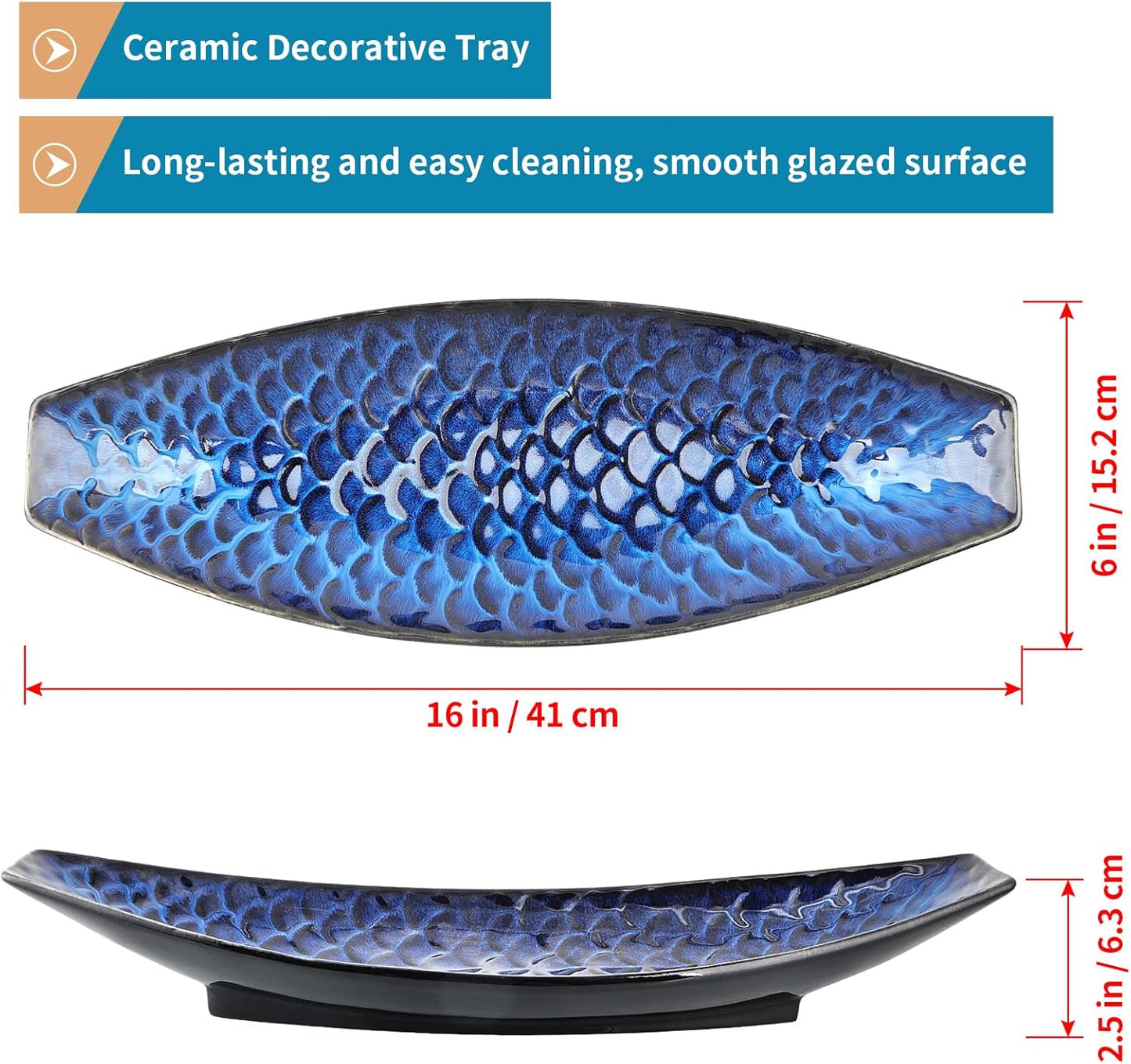 16" Large Ceramic Decorative Tray, Long Boat Shaped Centerpiece Bowl, Multipurpose Serving Platter for Home, Party Decor or Sushi, Fruits, Desserts (Blue)