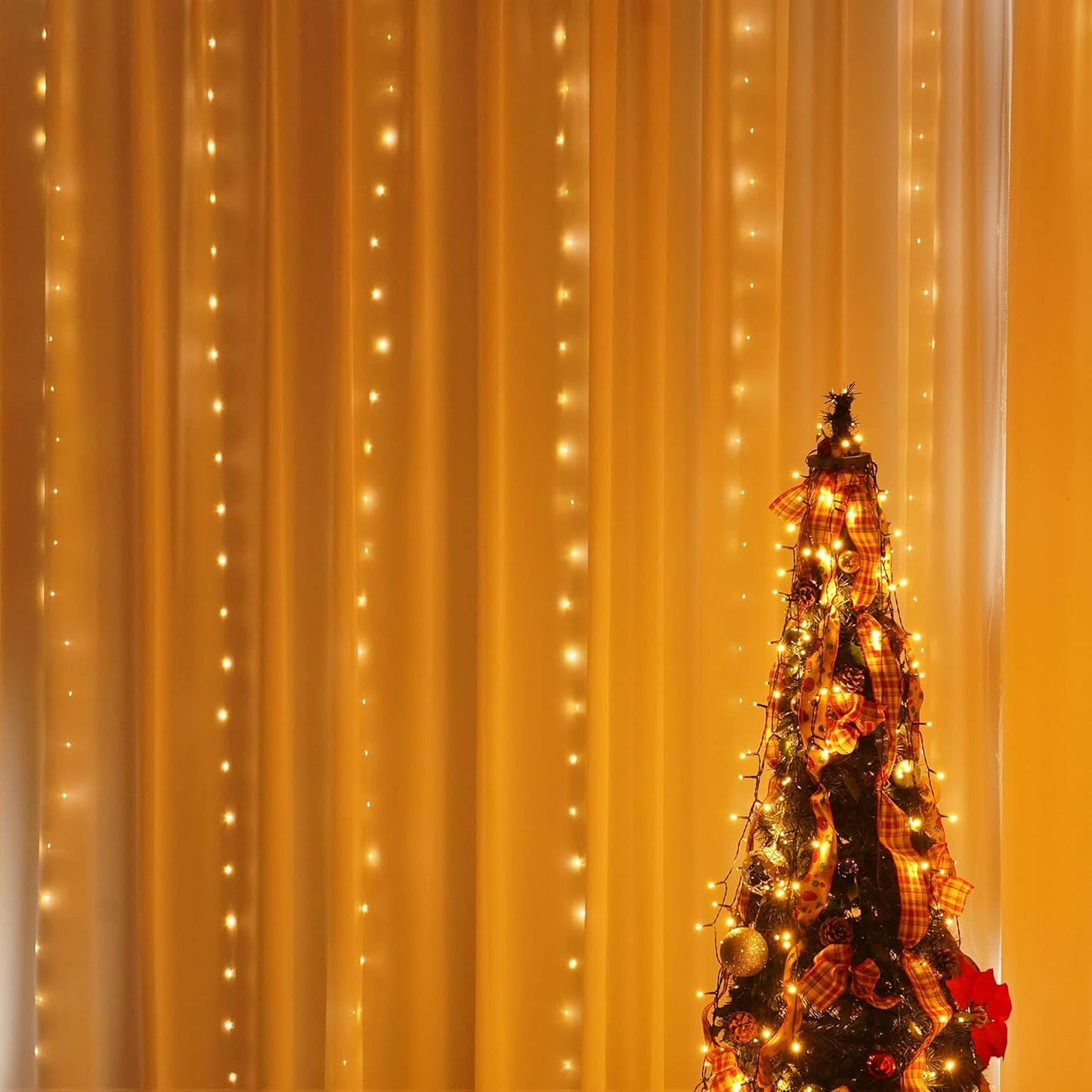 Dazzle Bright Curtain String Lights, 300 LED 9.8ft x9.8ft Warm White Fairy Lights with 8 Lighting Modes, Waterproof Lights for Bedroom Christmas Party Wedding Home Garden Wall Decor