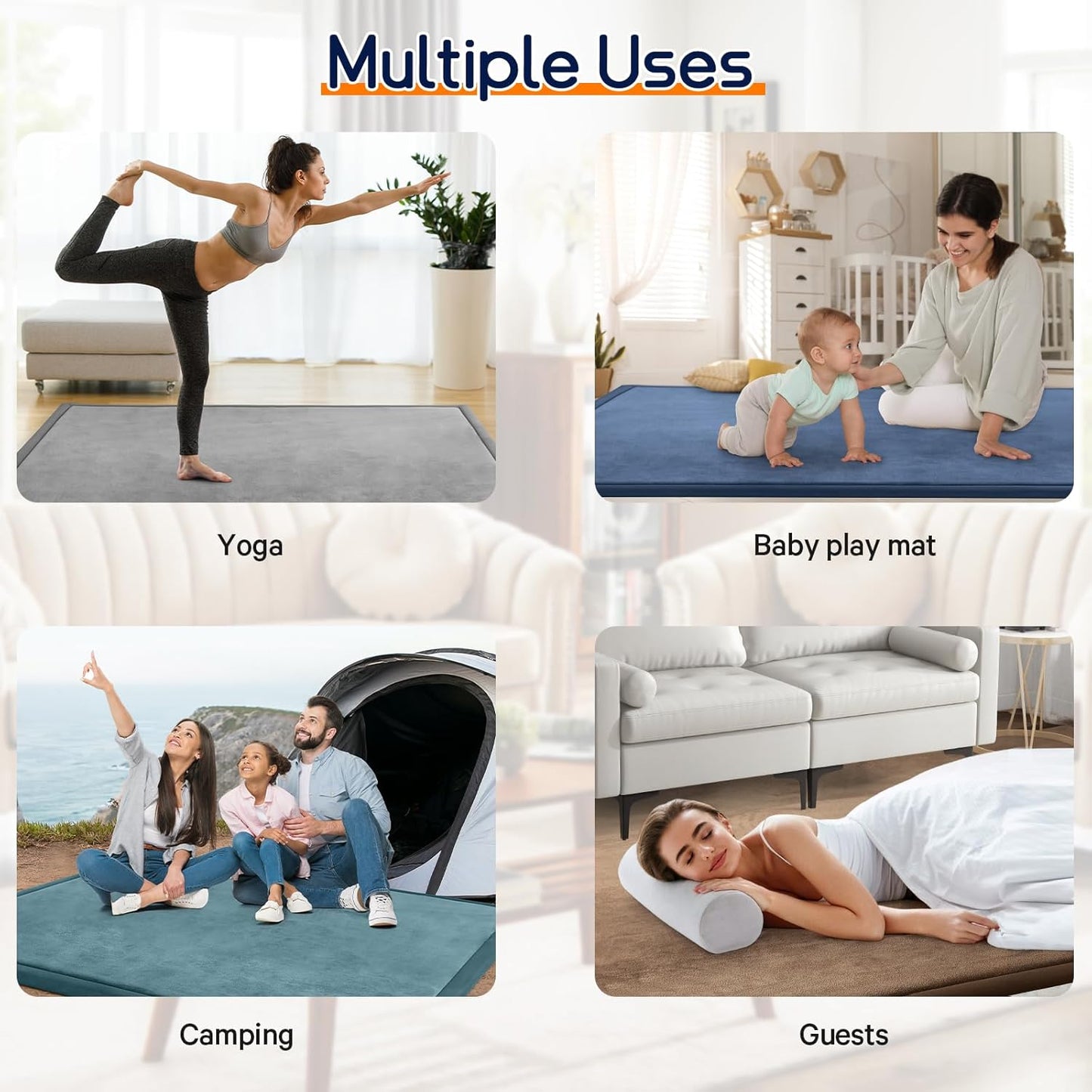 Baby Play Mat for Floor Tummy Time Mat Nursery Rug Muscle Area Rug Playroom Tatami 79"x138" Memory Foam 1.3" Thick Crawling For Babies,Toddlers, Infants, Kids,Floor(Beige)