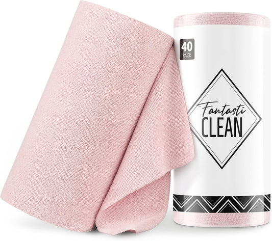 Fantasticlean Microfiber Cleaning Cloth Roll -40 Pack, Tear Away Microfiber Towels, 12" x 12", Reusable, Washable, Scratch Free, Ultra Absorbent Dish Rags for Car, Home, Garage or Shop (Pink)