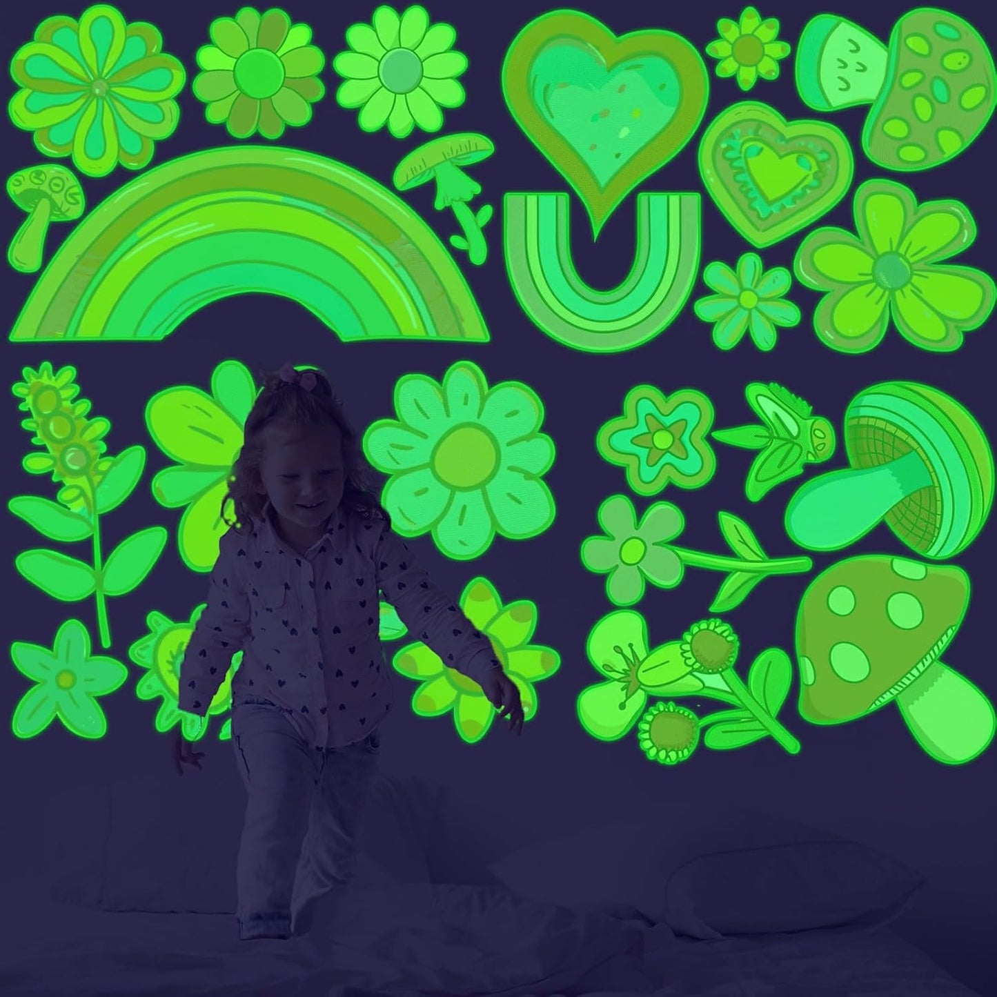 Glow in The Dark Colorful Flowers Stickers, 27 PCS Glowing Luminous Rainbow Heart Wall Decals Flowers Mushrooms Ceiling Stickers for Kids Boys Girls Bedroom Nursery Playroom Party Room Decor
