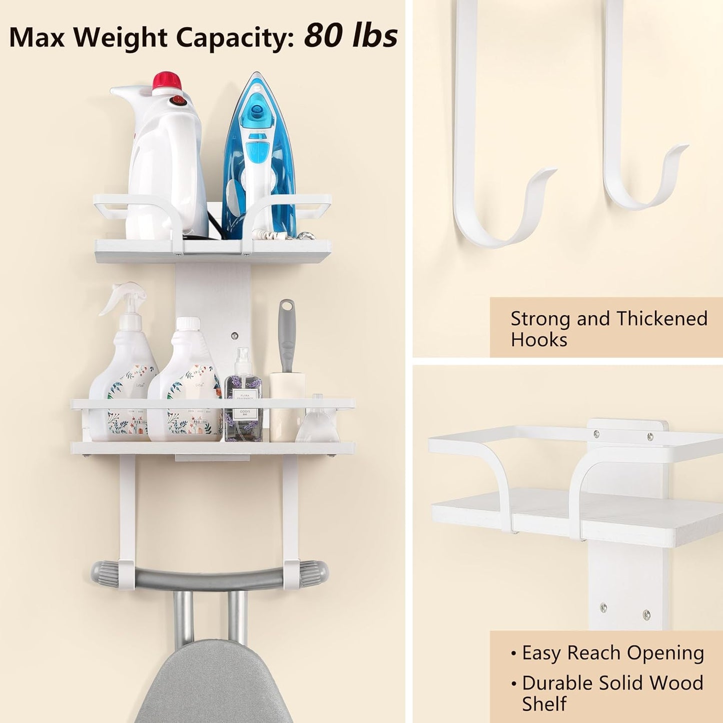 VINAEMO Ironing Board Hanger Wall Mount, 2-Layer Iron and Ironing Board Holder, Laundry Room Shelves Solid Wood with Removable Hooks Home Organization and Storage (White)