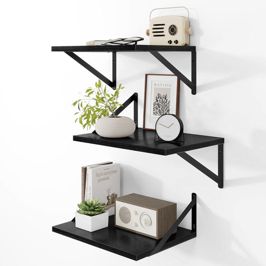 Heimlove Deep Floating Shelves for Wall, 12 Inch Deep Floating Shelves Set of 3, 16W x 12D Wood Wall Shelves, Wide Wood Shelves with Metal Bracket for Living Room, Kitchen, Office, Bedroom - Black