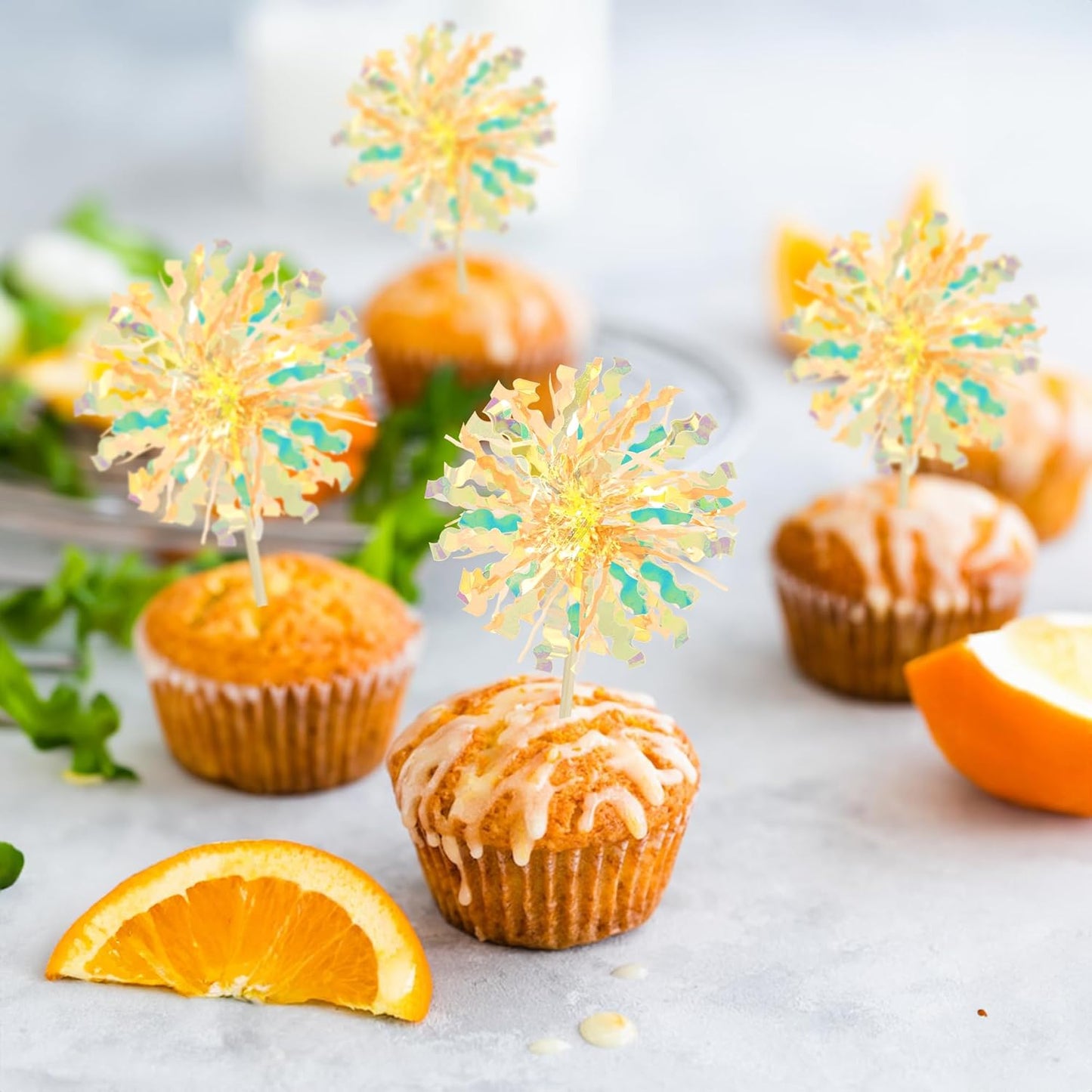 Ephlyn 30Pcs Foil Firework Cupcake Toppers Sparkle Tinsel Drink Birthday Cake Decorations Cocktail Food Fruit Toothpick for New Years Wedding Birthday Party Decorations Yellow