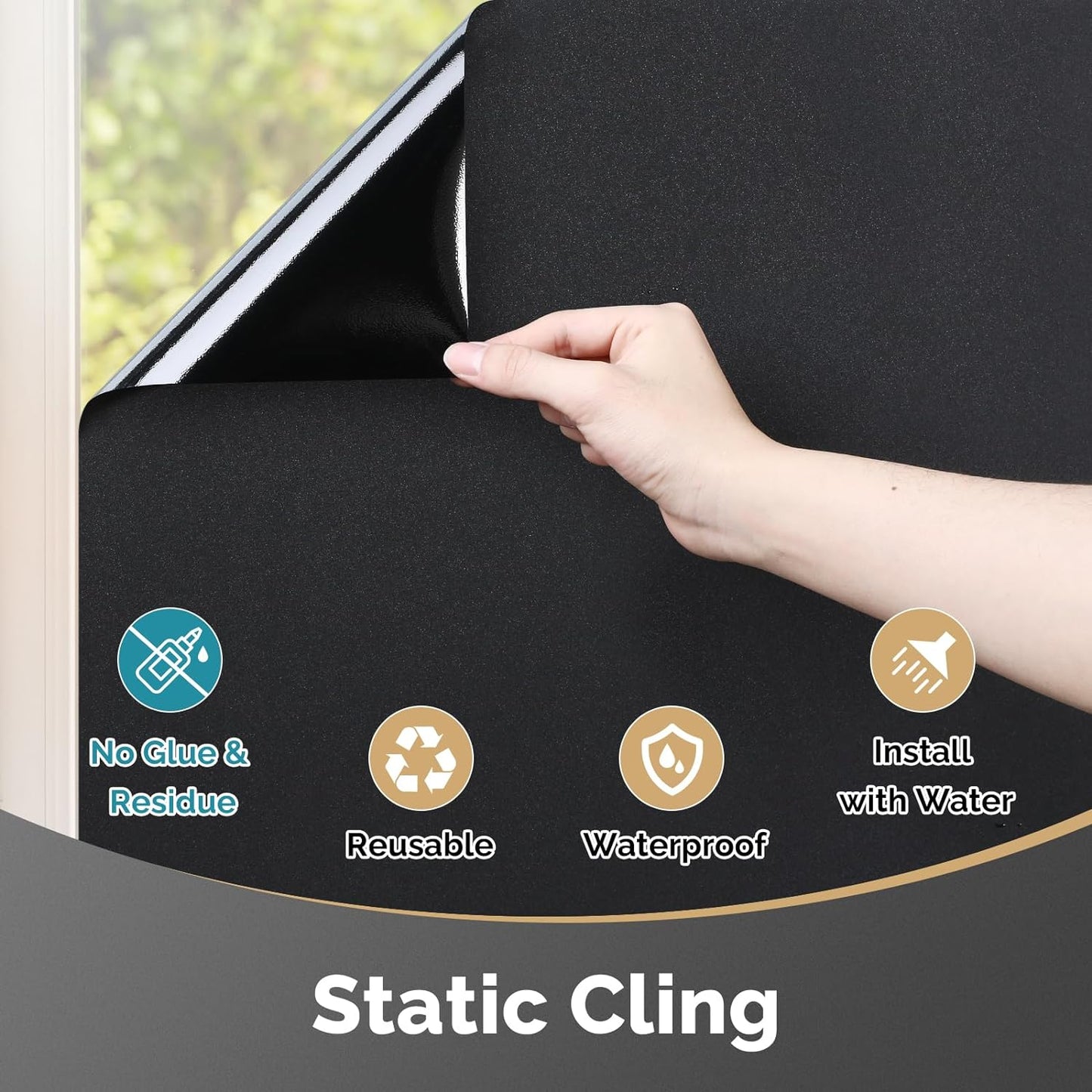 DOWELL Blackout Window Film, 100% Light Sun Blocking Static Cling Frosted Privacy Film for Glass, Heat Control Removable Window Tint, Room Darkening Cover for Day Sleep, Black, 23.6" x 78.7"