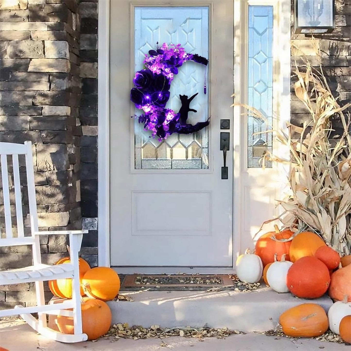 Halloween Wreaths for Front Door with Light, Black Cat Crescent Moon Wreath, Cute Cat Garland Halloween Door Decorations for Outdoor Indoor Decor Wall Window Home Party